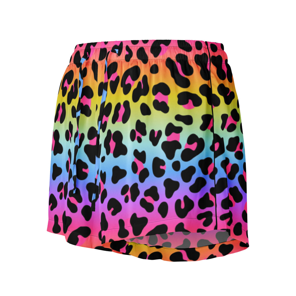 Women’s rainbow leopard silky pajama shorts with vibrant gradient print elastic waistband and drawstring for lightweight comfort