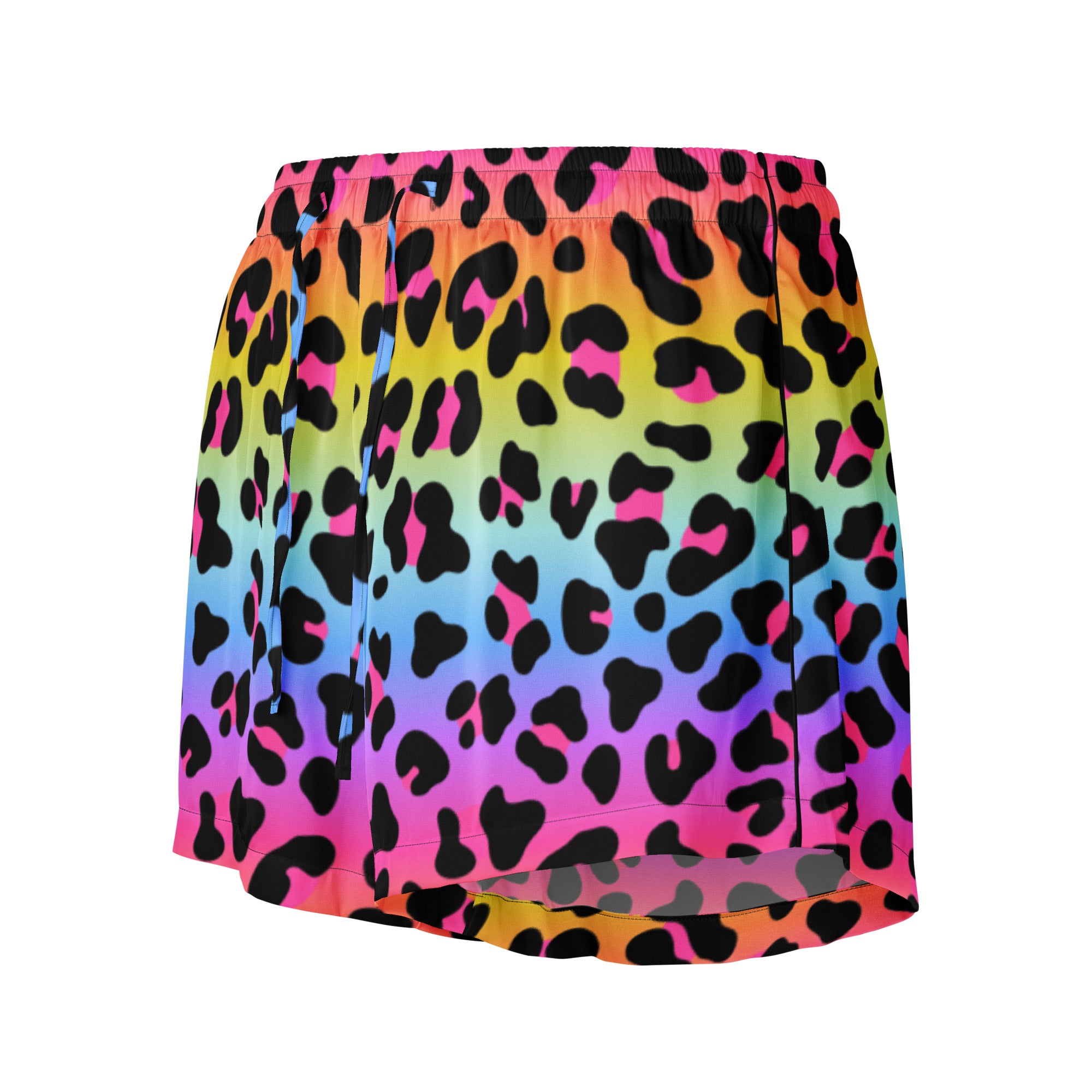 Women’s rainbow leopard silky pajama shorts with vibrant gradient print elastic waistband and drawstring for lightweight comfort