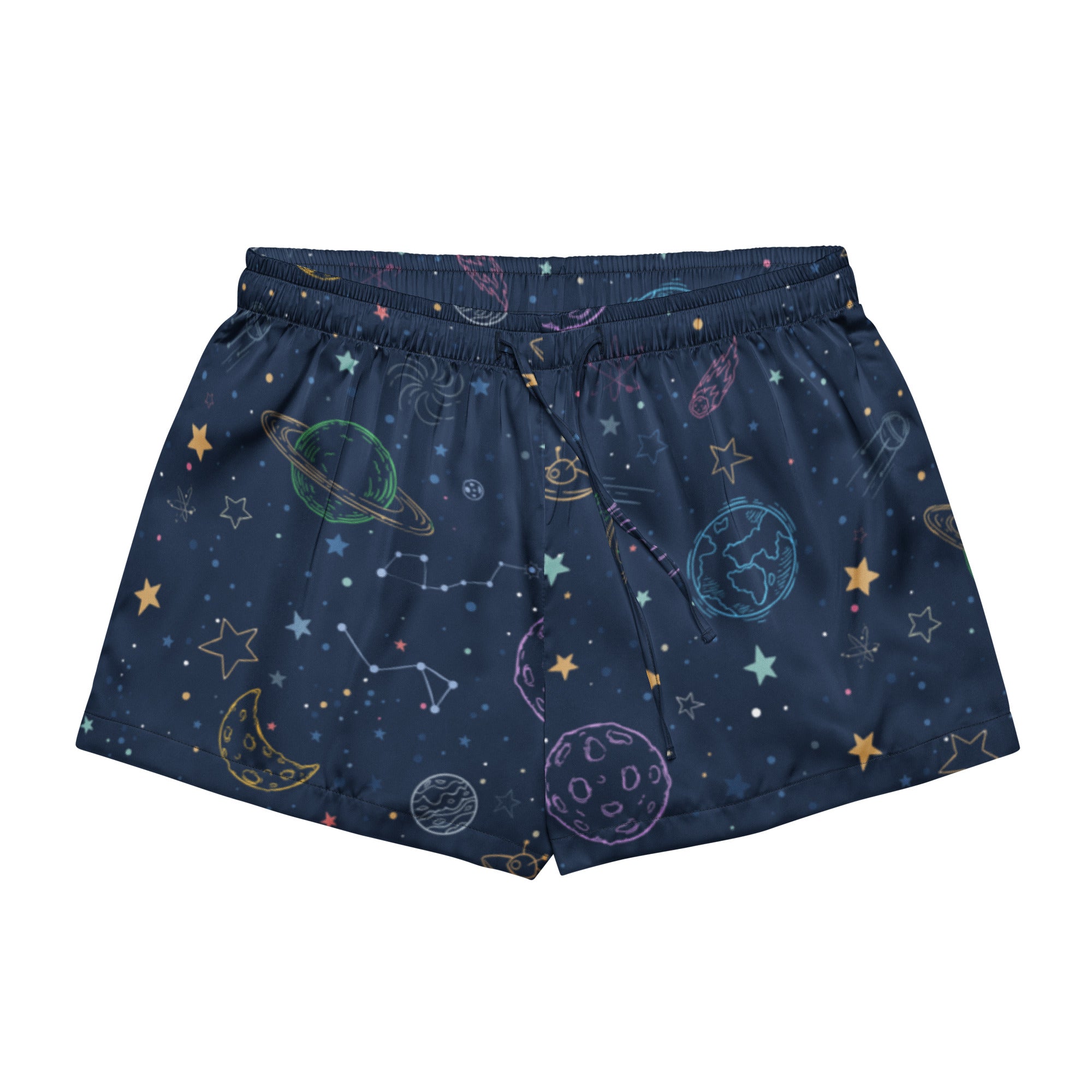 Women’s dark blue silky pajama shorts with vibrant galaxy space print and drawstring waist for lightweight comfort