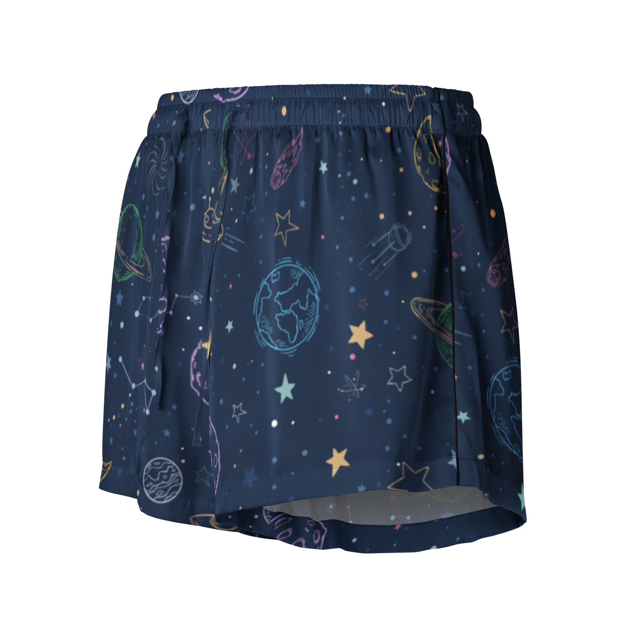 Women’s dark blue silky pajama shorts with playful pastel space print featuring planets stars and constellations