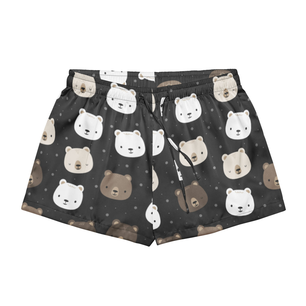 Women’s silky black pajama shorts with white and brown bear face pattern lightweight relaxed fit with drawstring waist