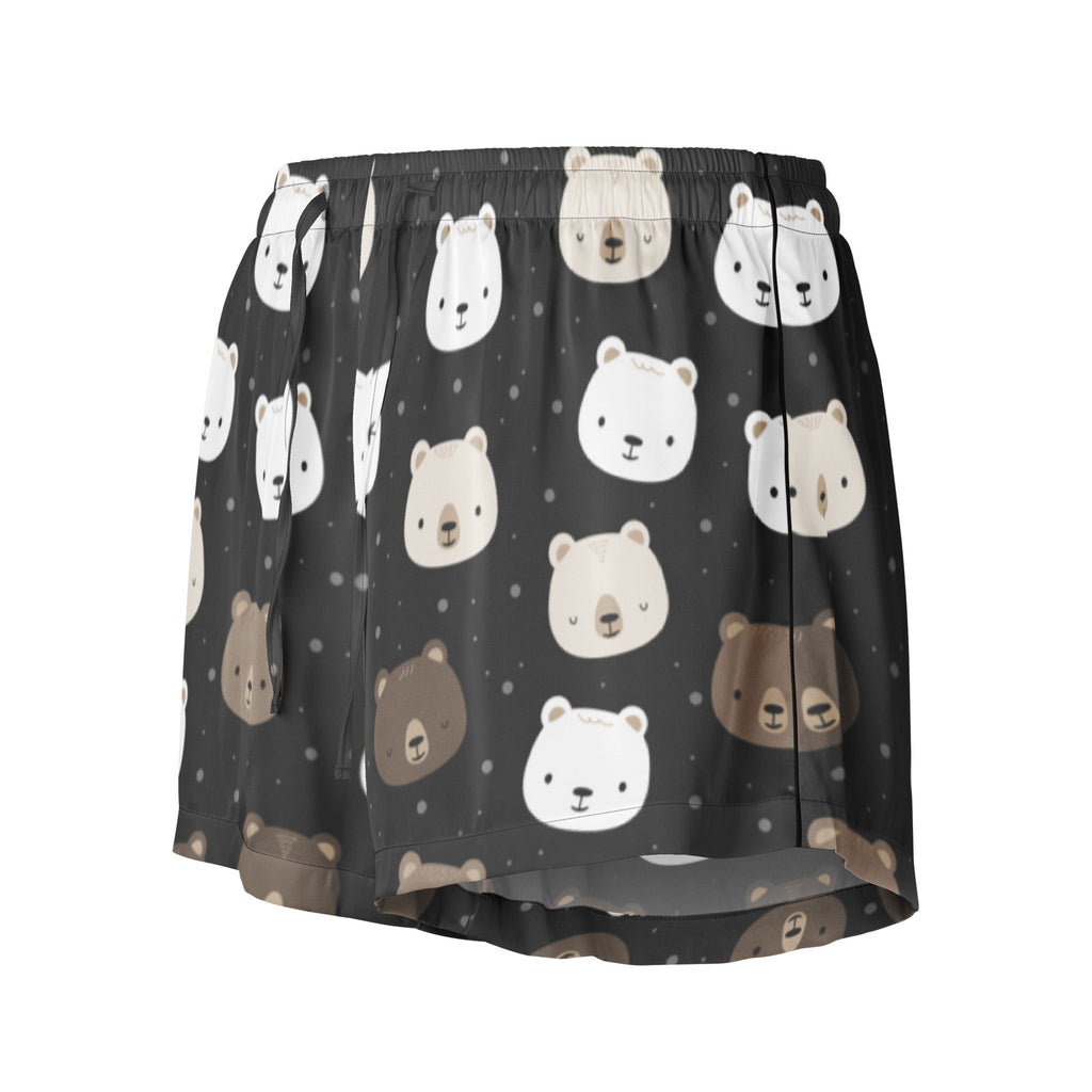 Women’s black silky pajama shorts with white and brown bear face pattern lightweight relaxed fit with drawstring waist