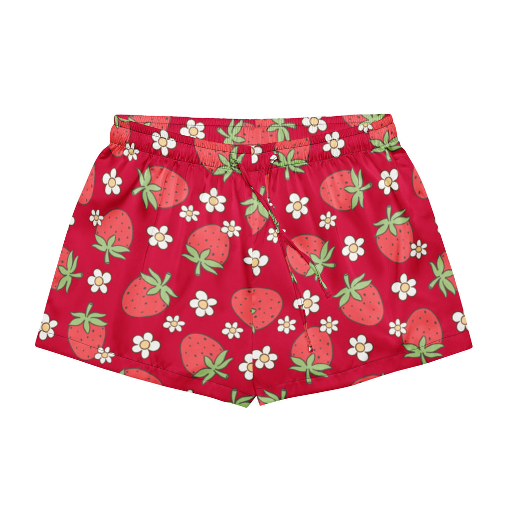 Women’s silky red pajama shorts with playful strawberry and daisy pattern lightweight relaxed fit with drawstring waist