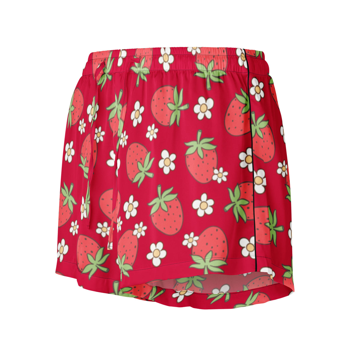 Women’s red pleated skirt with playful cartoon strawberries and white daisies pattern in silky lightweight fabric