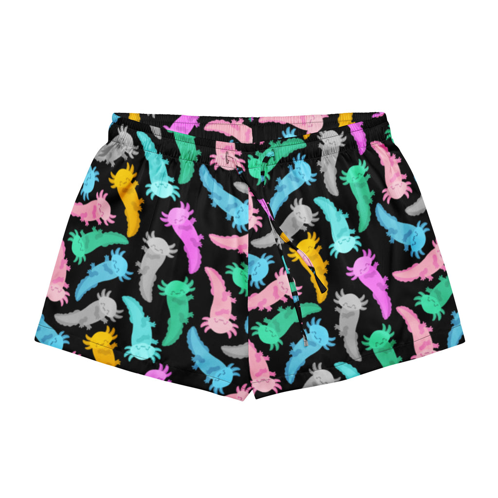 Women’s black silky pajama shorts with vibrant colorful cartoon axolotl print lightweight relaxed fit with drawstring waist