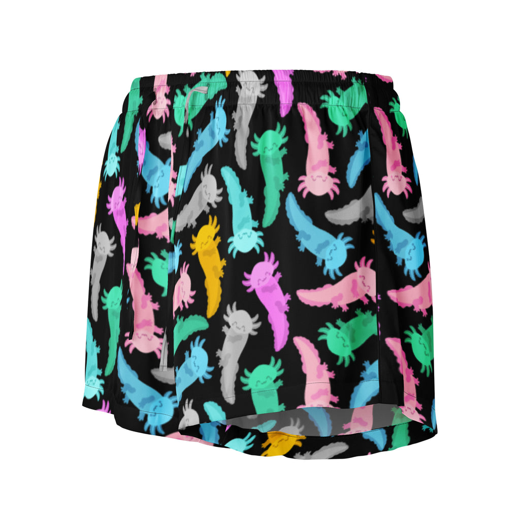 Women’s colorful silky pajama shorts in black with vibrant cartoon axolotl print and lightweight drawstring waist