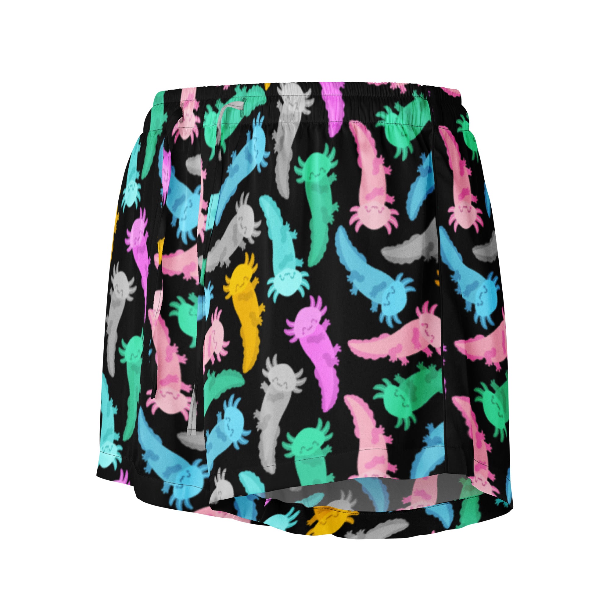 Women’s colorful silky pajama shorts in black with vibrant cartoon axolotl print and lightweight drawstring waist