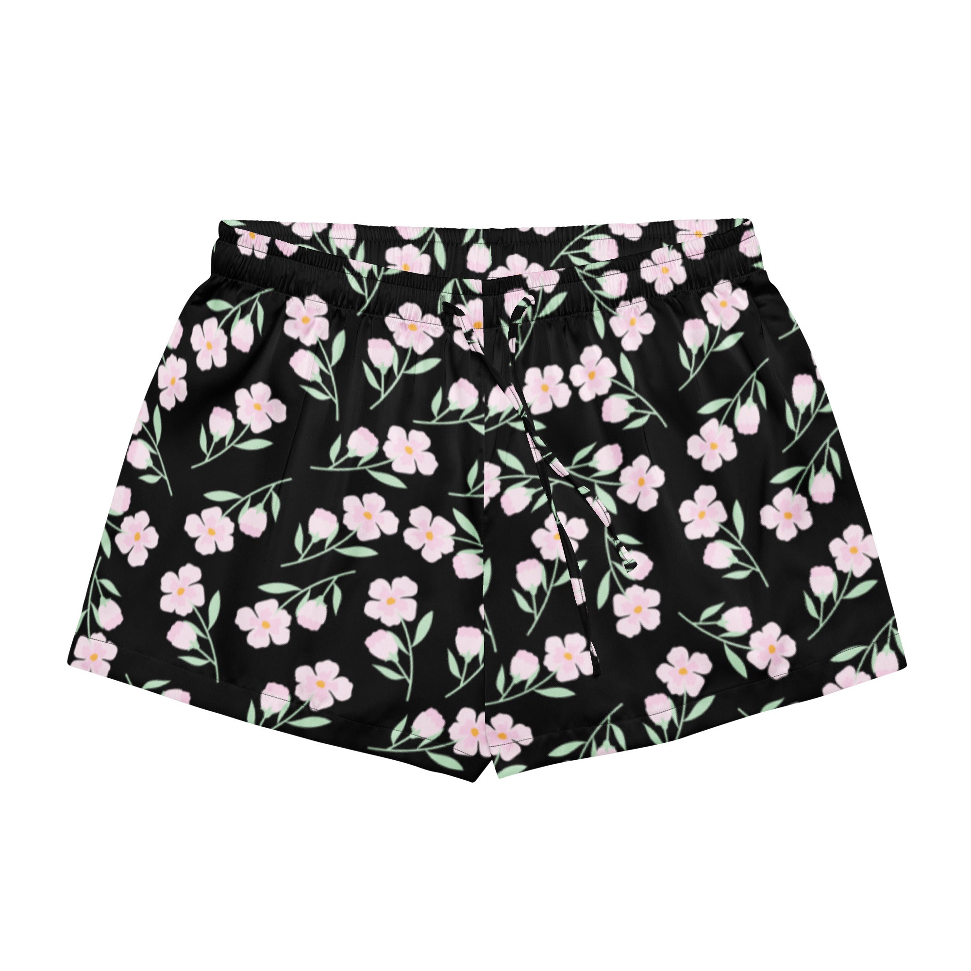 Women’s black silky pajama shorts with lightweight relaxed fit featuring pink floral pattern and green stems