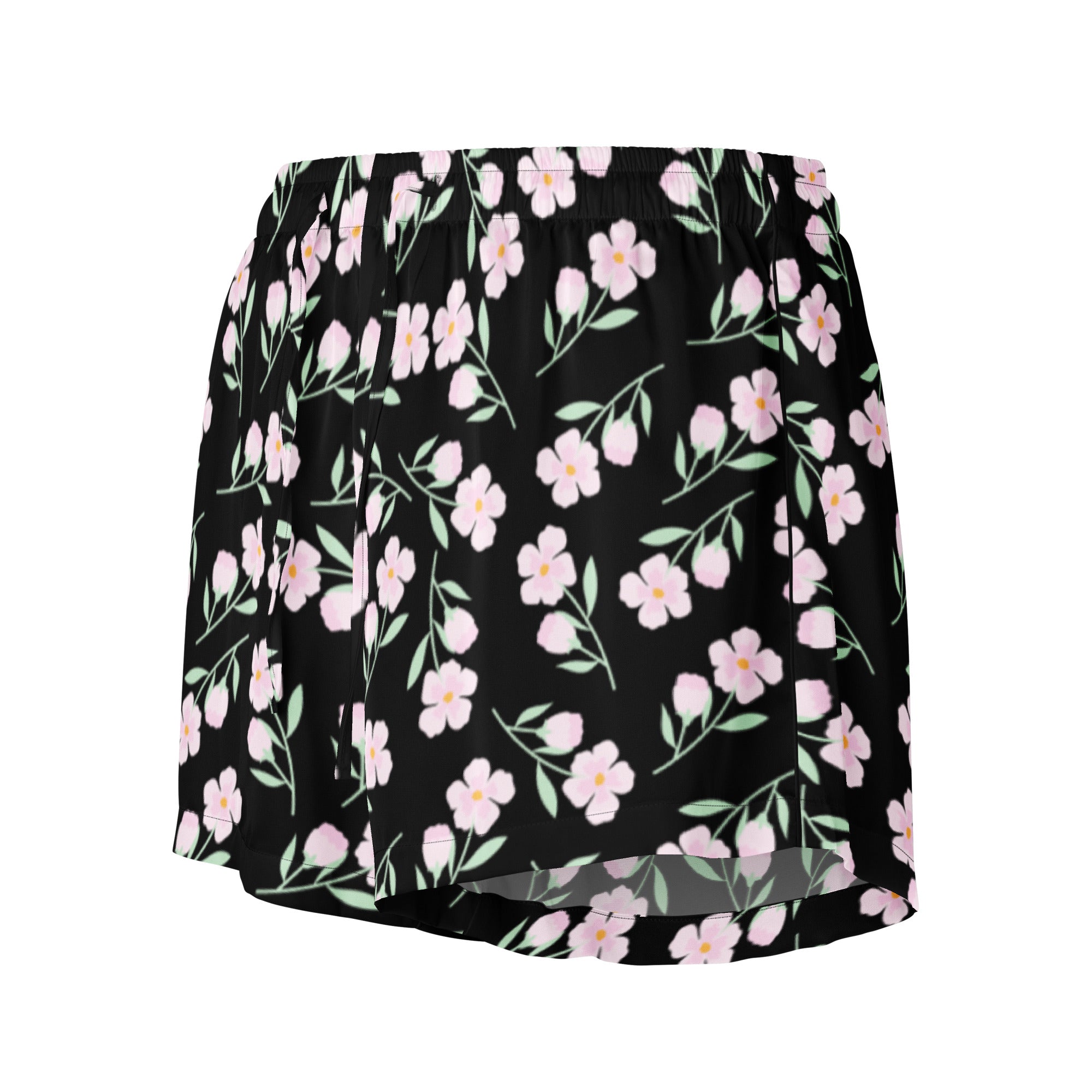 Women’s black floral silky pajama shorts with pink blossoms green stems lightweight relaxed fit drawstring waist