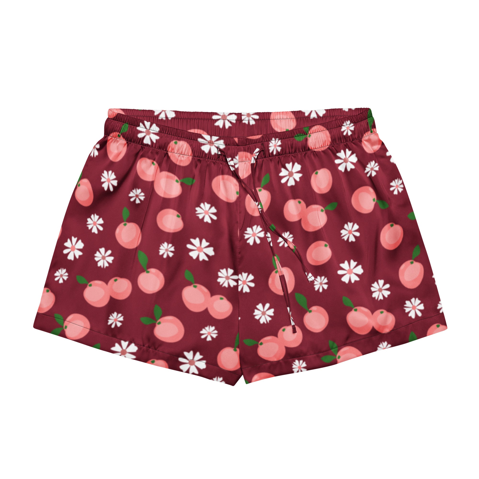 Women’s burgundy silky pajama shorts with playful pink peaches white flowers and green stems lightweight relaxed fit