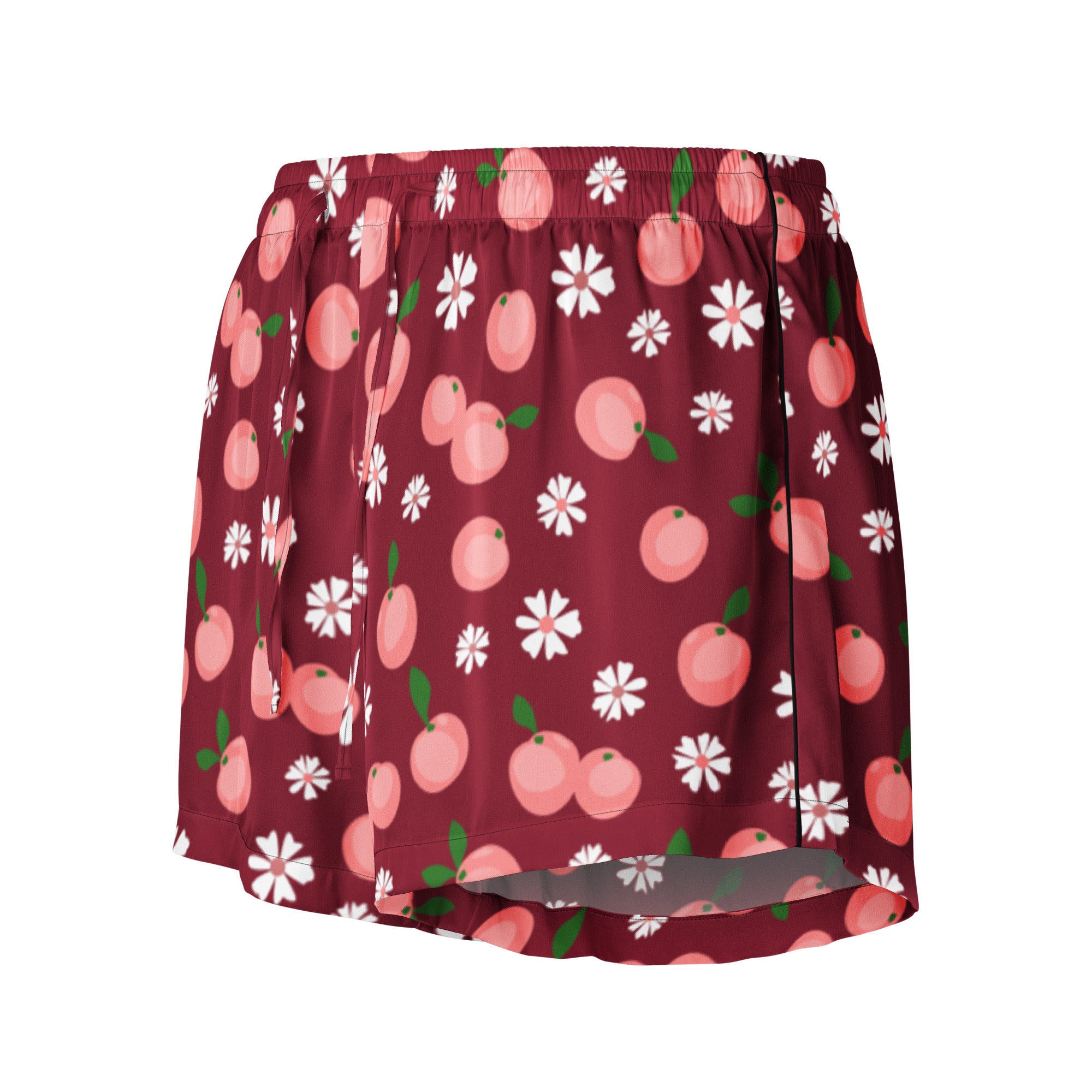 Women’s burgundy silky pajama shorts with lightweight relaxed fit and pink peach and white flower pattern