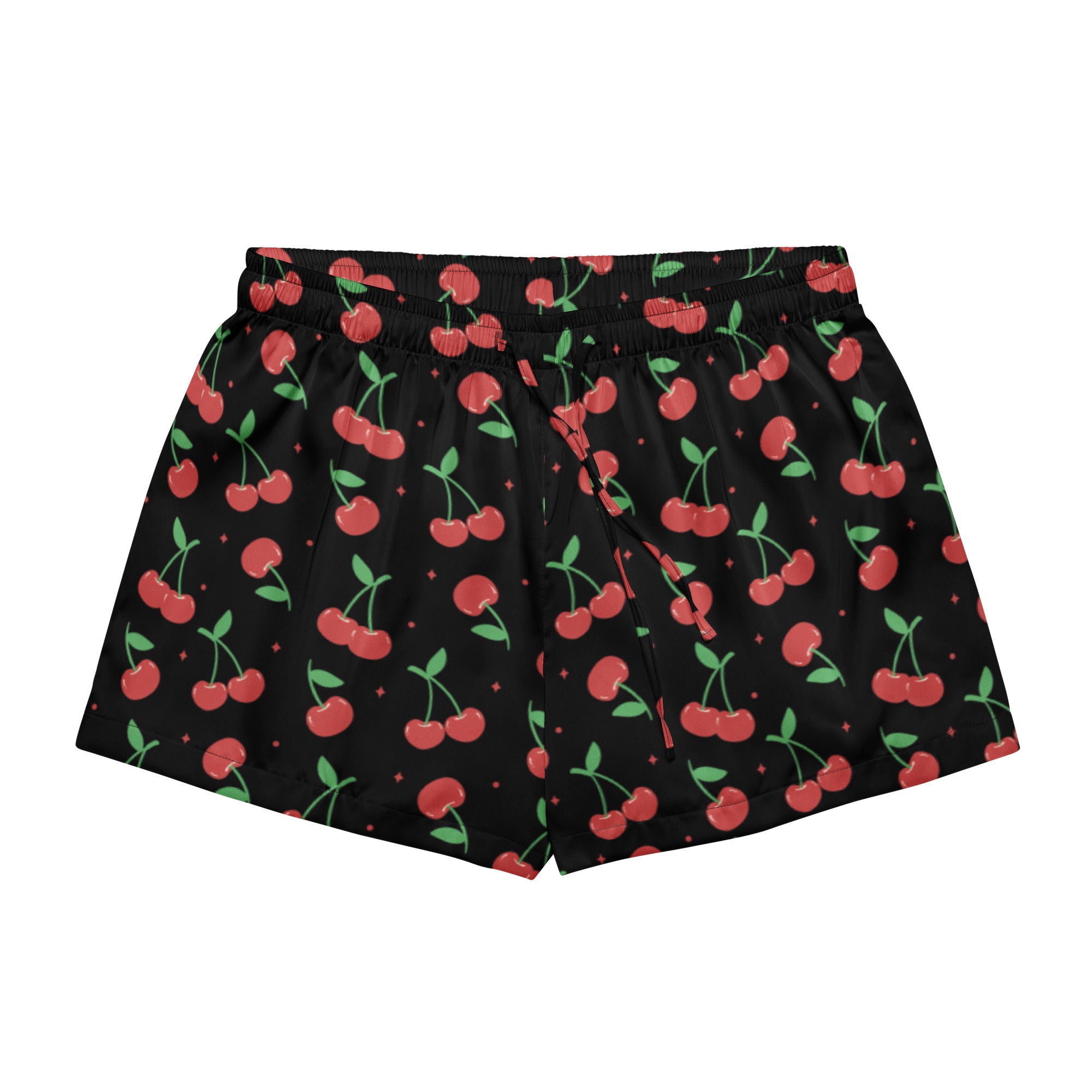 Women’s black silky pajama shorts with lightweight relaxed fit featuring red cherry and green stem pattern with diamonds