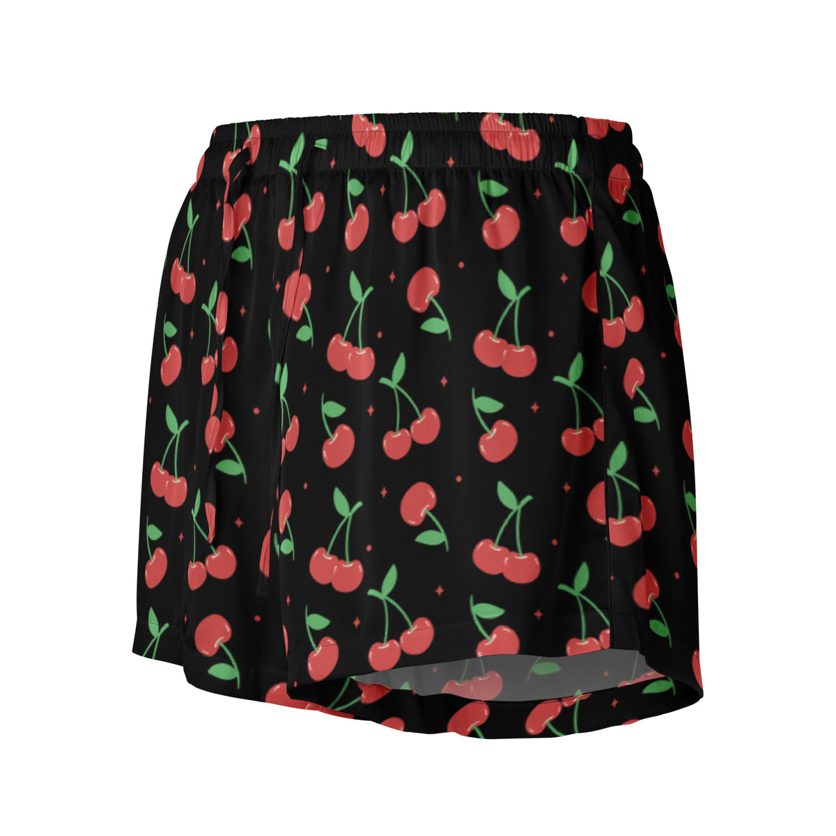 Women’s black cherry silky pajama shorts with red cherry print on black fabric lightweight relaxed fit with drawstring waist