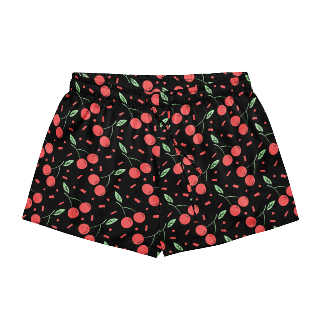 Women’s black silky pajama shorts with red cherry pattern green leaves and pink confetti lightweight relaxed fit
