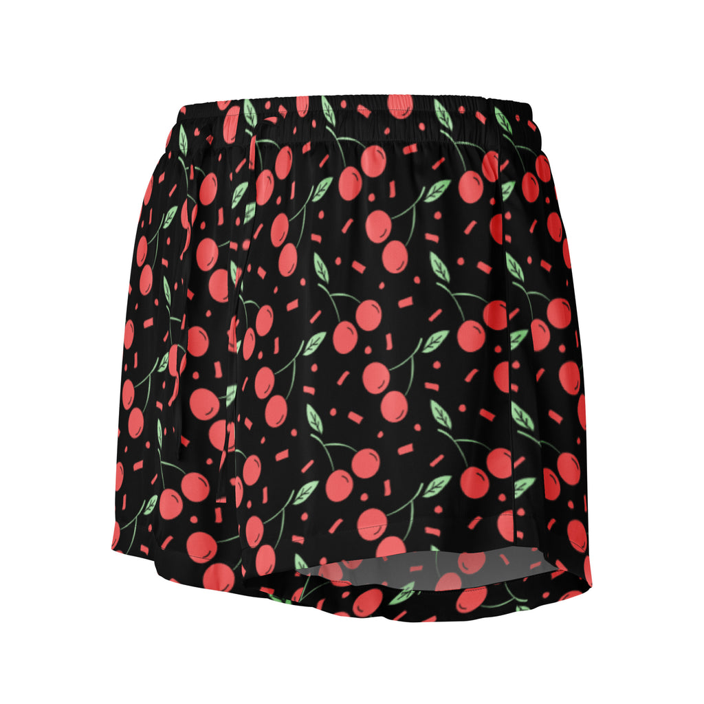Women’s black cherry confetti silky pajama shorts with vibrant red cherry pattern green leaves lightweight relaxed fit