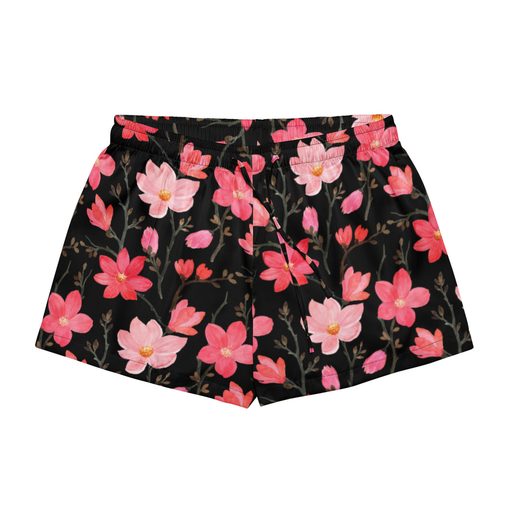 Women’s pink watercolor flowers silky pajama shorts in black with vibrant floral print lightweight relaxed fit