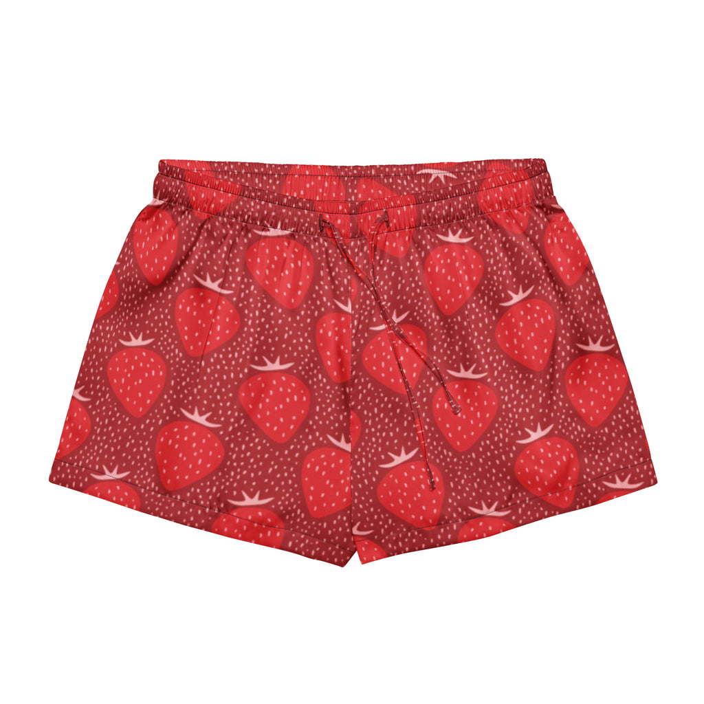 Women’s lightweight silky pajama shorts in red strawberry pattern with drawstring waistband for relaxed fit