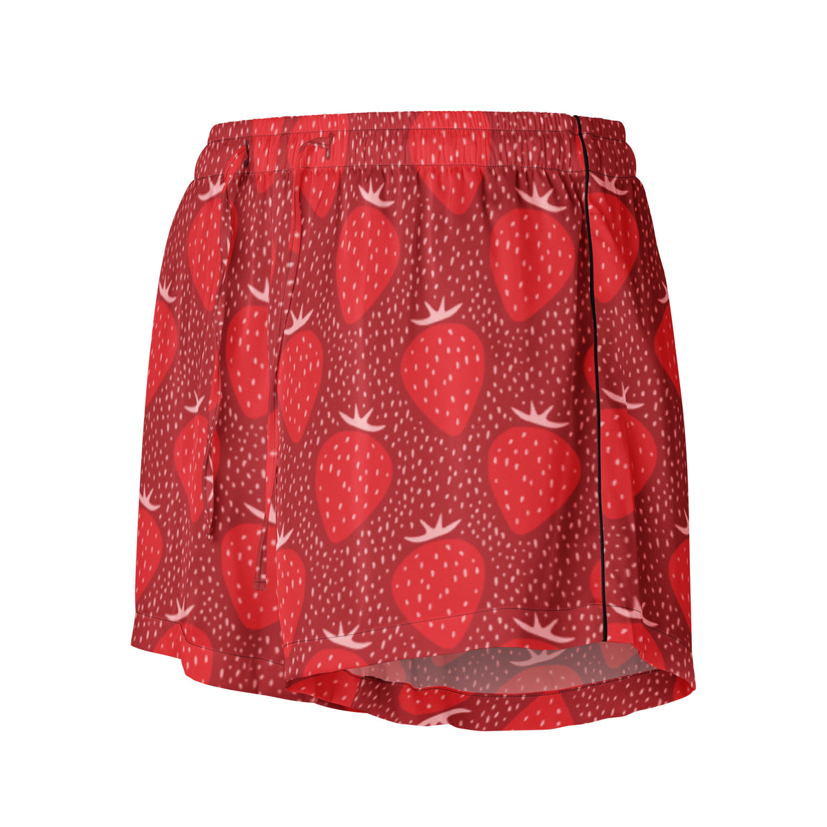 Women’s lightweight red silky pajama shorts with strawberry pattern on sheer fabric and drawstring waist