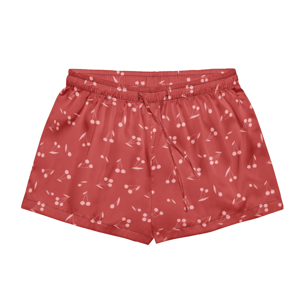 Women’s lightweight silky pajama shorts in crimson cherry print with a relaxed fit and drawstring waistband