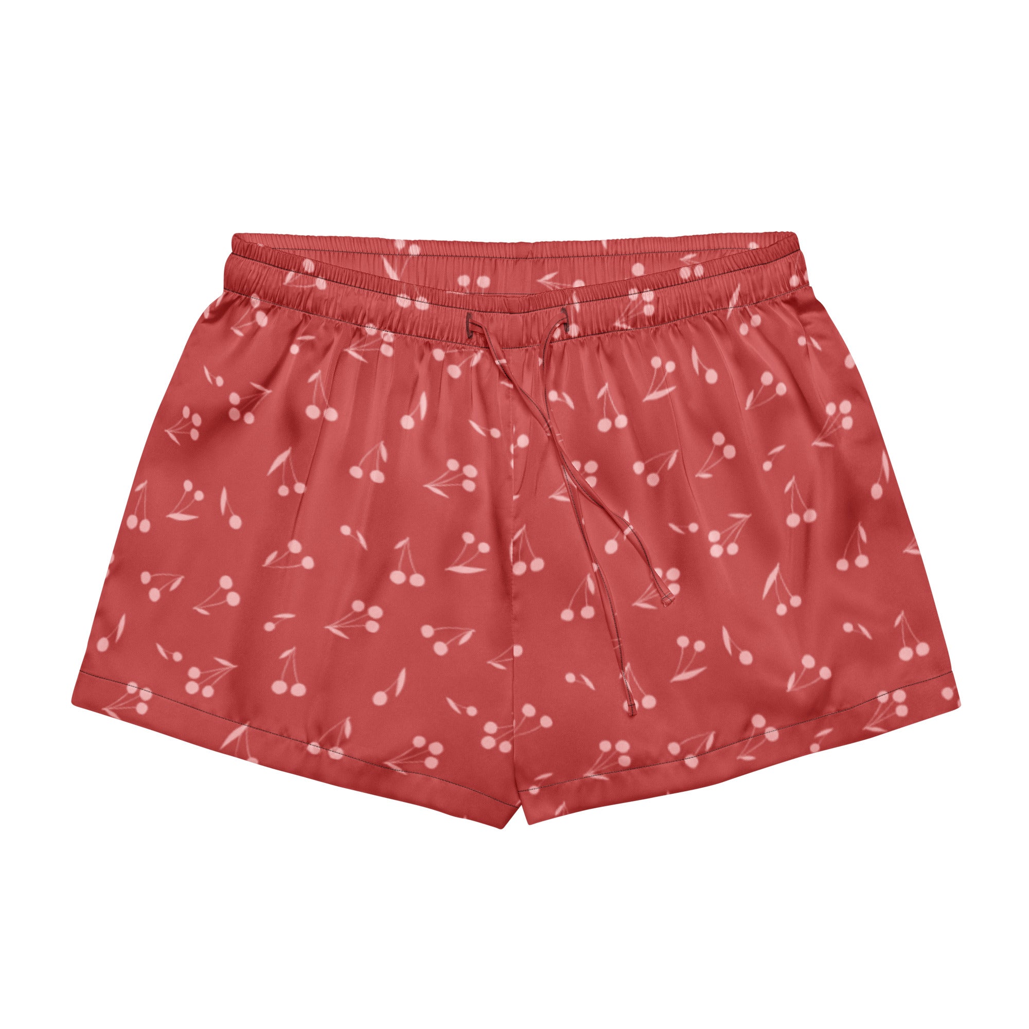 Women’s lightweight silky pajama shorts in crimson cherry print with a relaxed fit and drawstring waistband