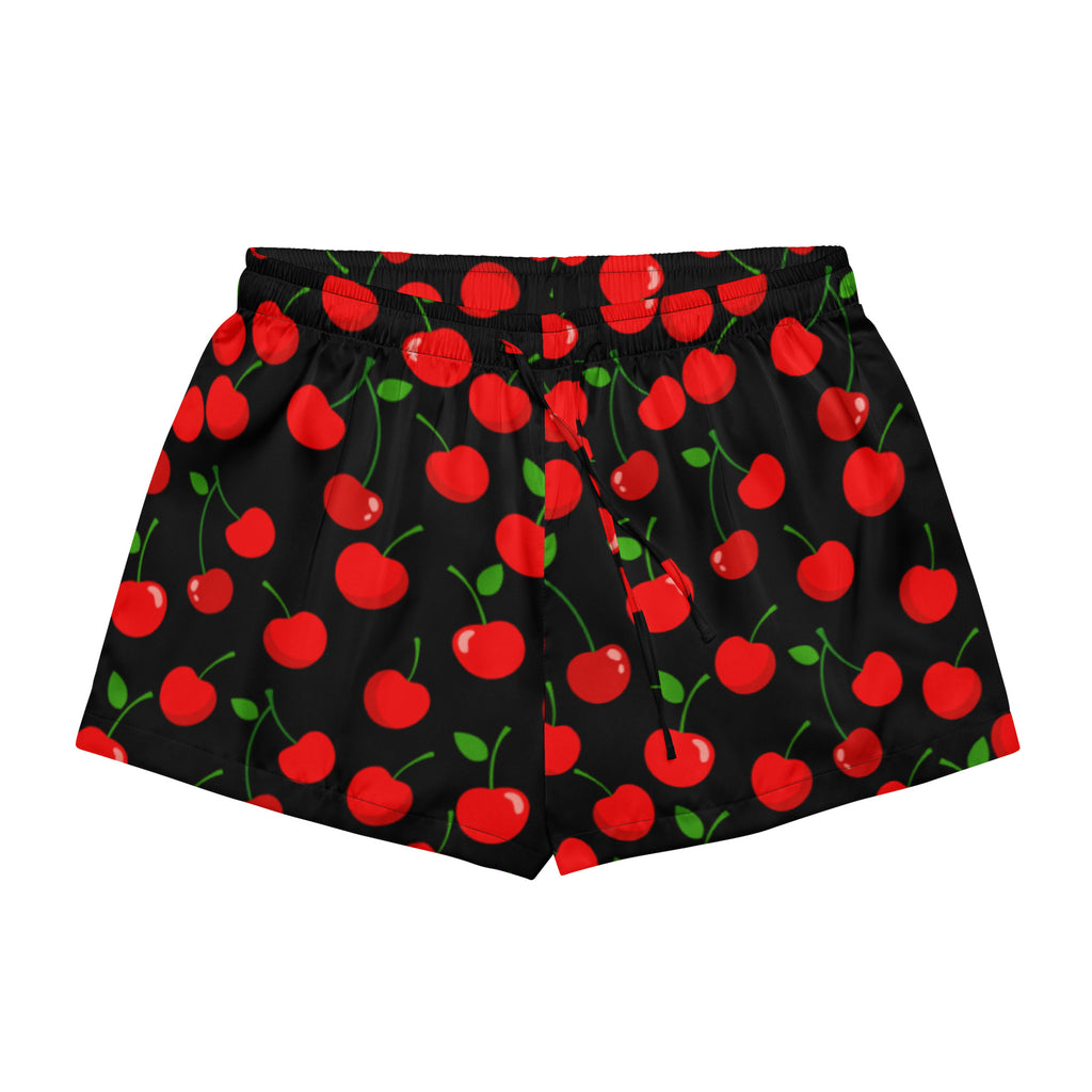 Women’s black silky pajama shorts with vibrant red cherry pattern and green stems lightweight relaxed fit with drawstring waist