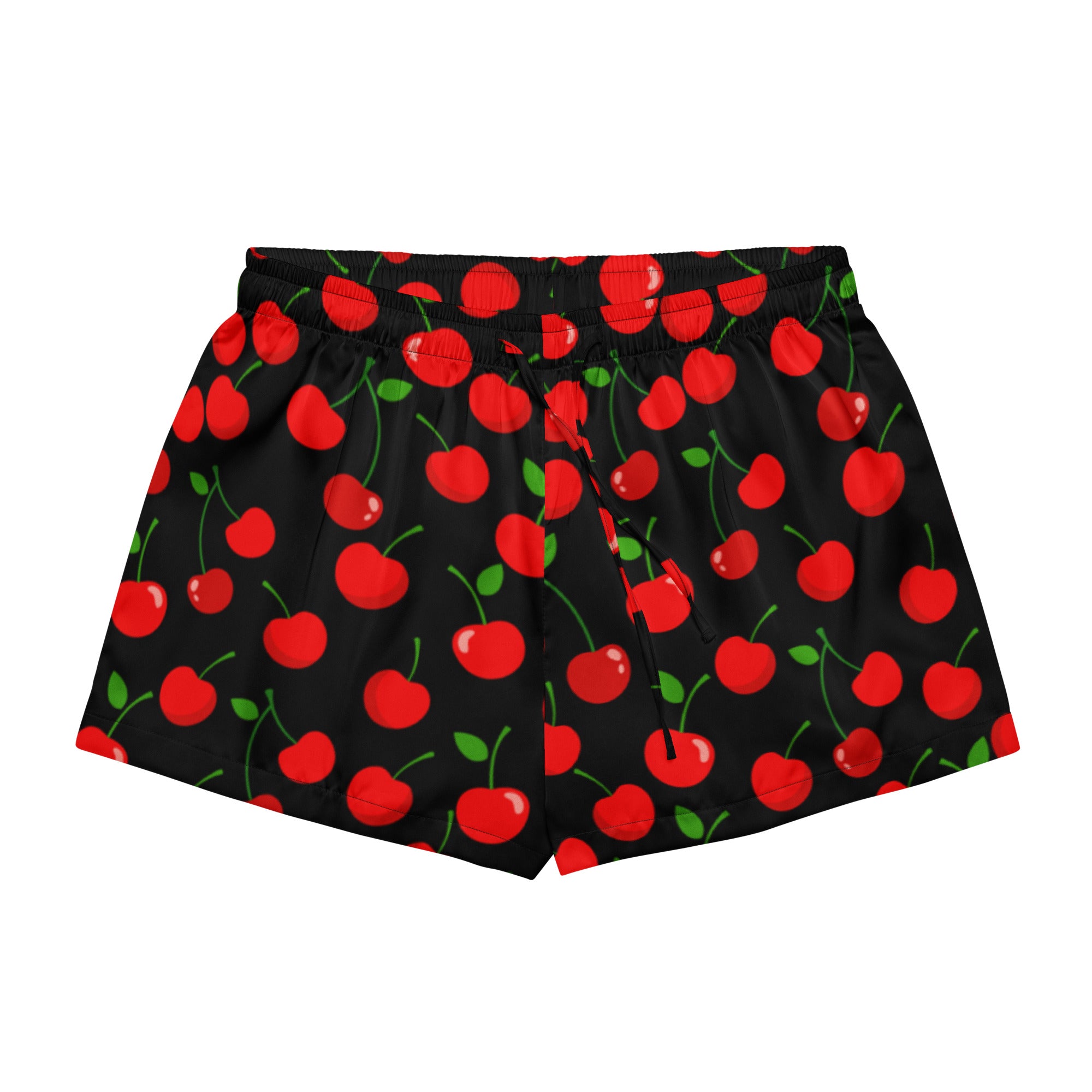 Women’s black silky pajama shorts with vibrant red cherry pattern and green stems lightweight relaxed fit with drawstring waist
