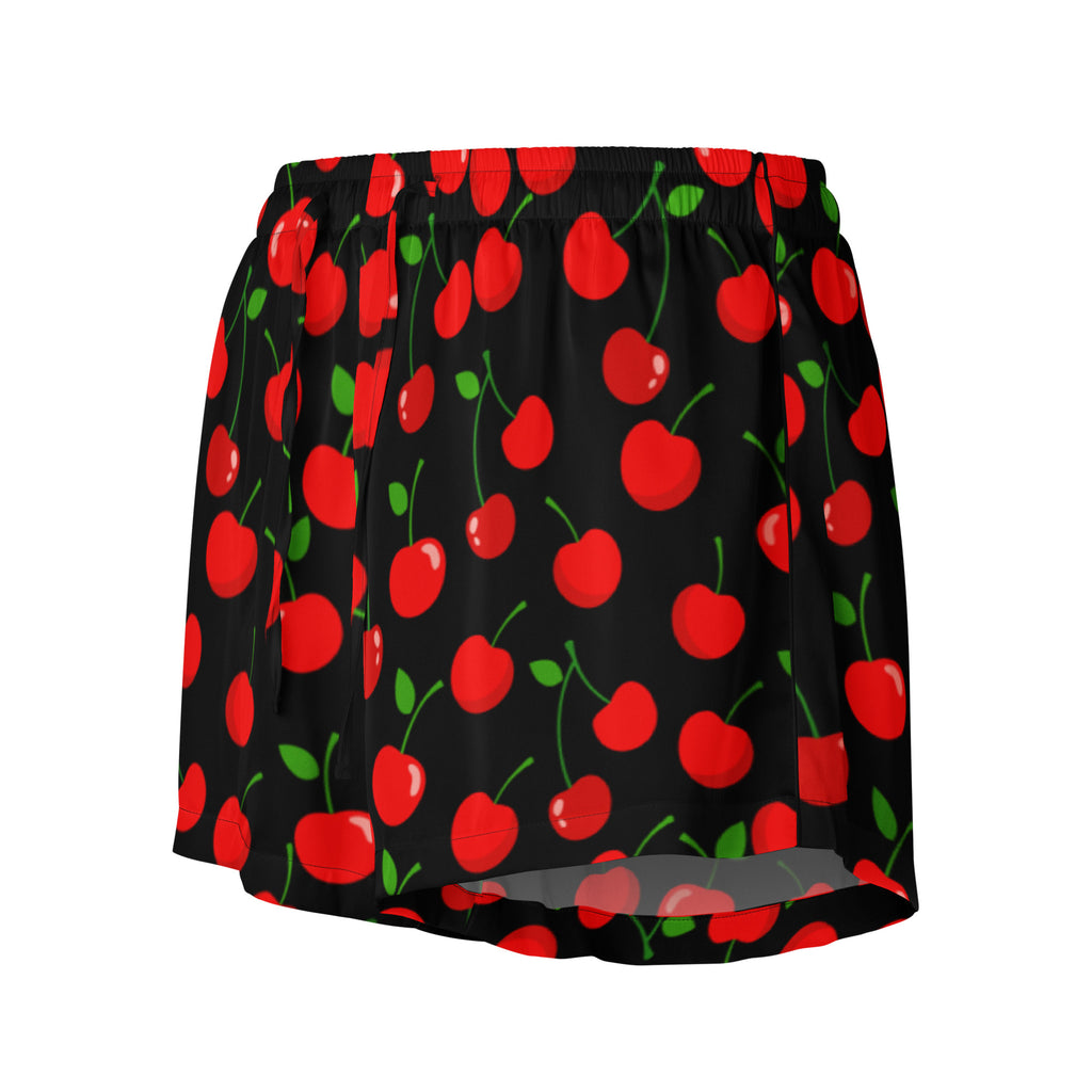 Women’s lightweight silky black shorts with a red cherry pattern green stems relaxed fit and drawstring waist