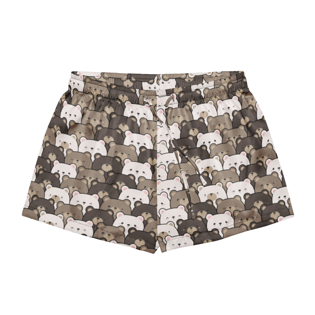Women’s cute bear face silky pajama shorts in light gray with white and brown cartoon bears elastic waistband and drawstring