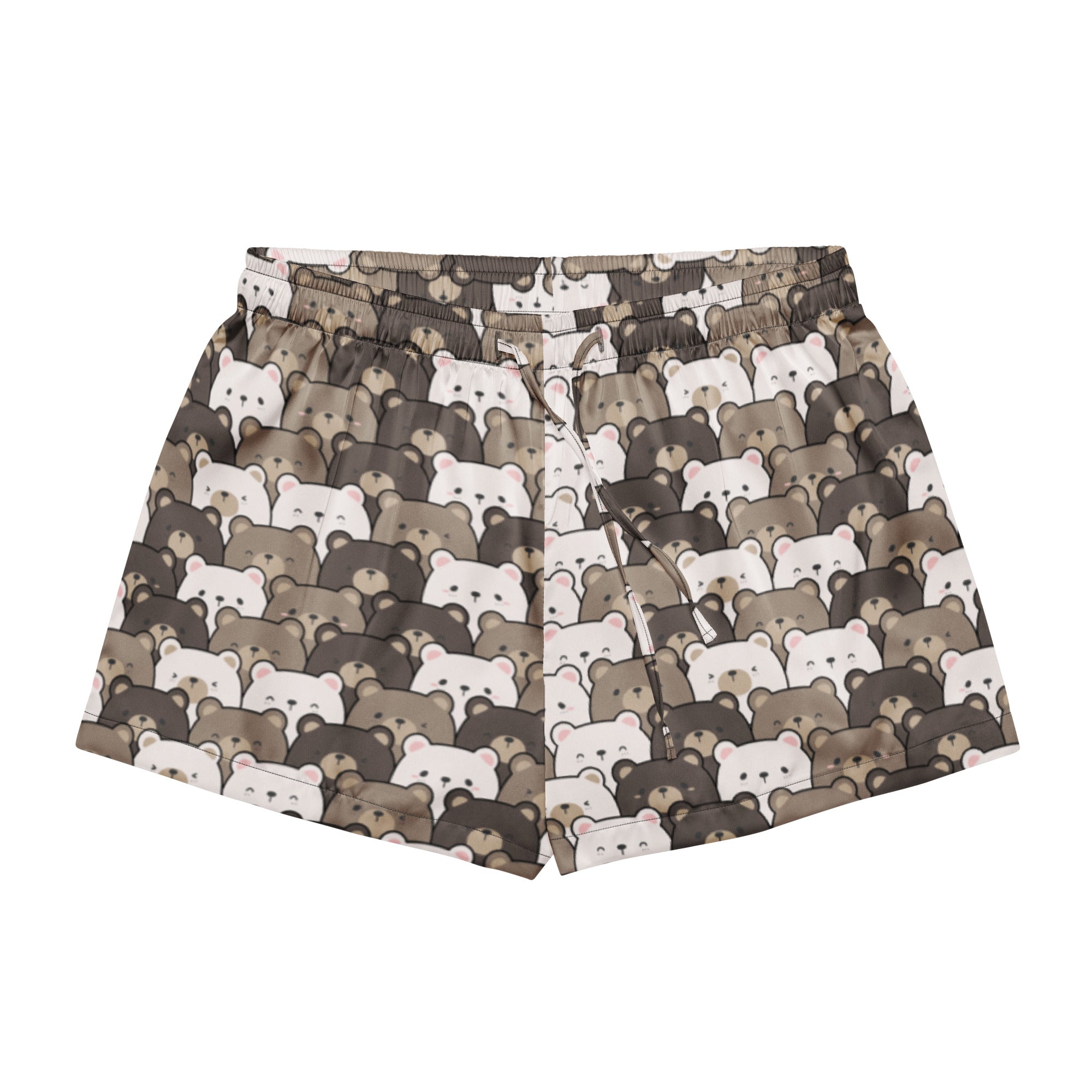 Women’s cute bear face silky pajama shorts in light gray with white and brown cartoon bears elastic waistband and drawstring