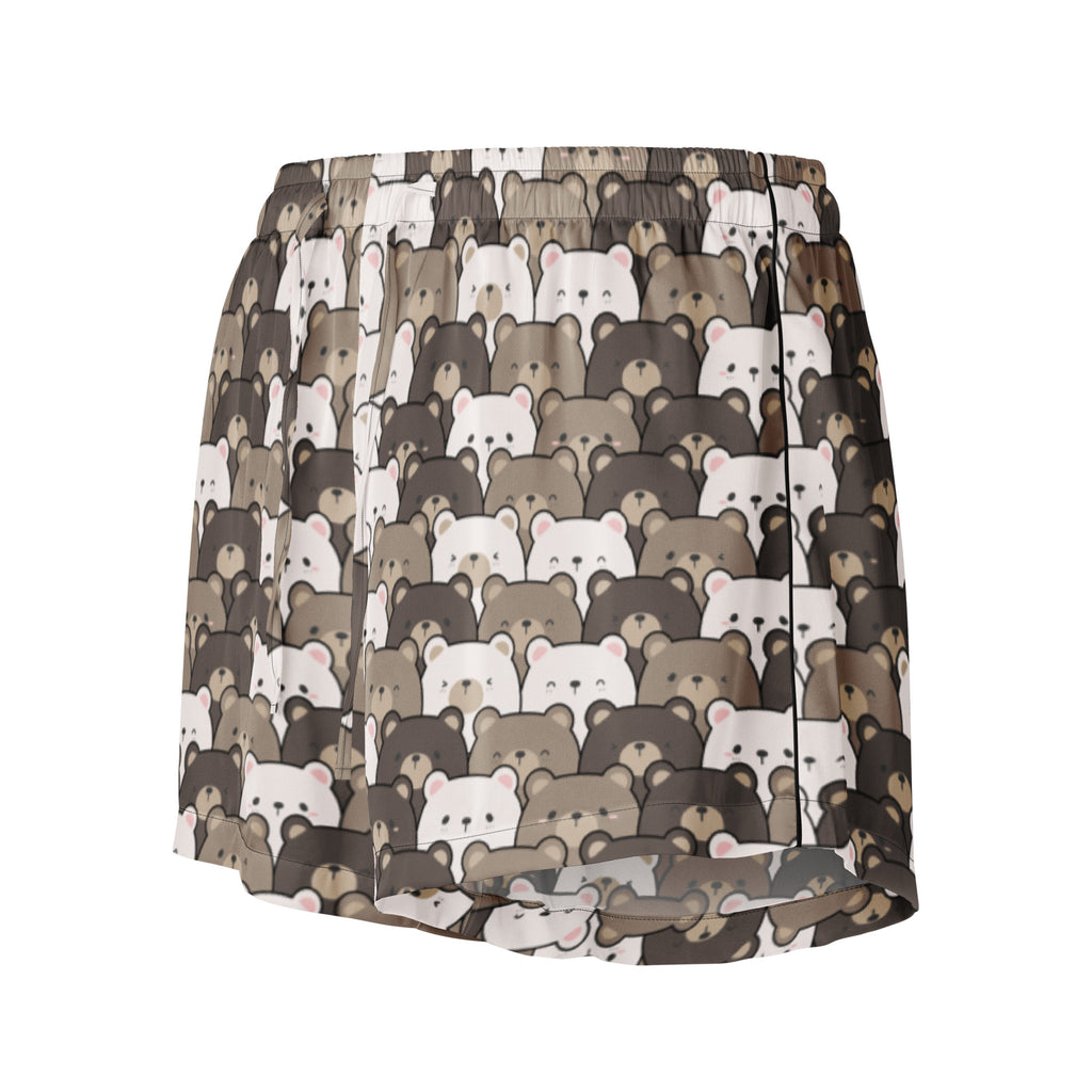 Women’s cute bear face silky pajama shorts with playful pleated mini skirt pattern in brown and white cartoon bears
