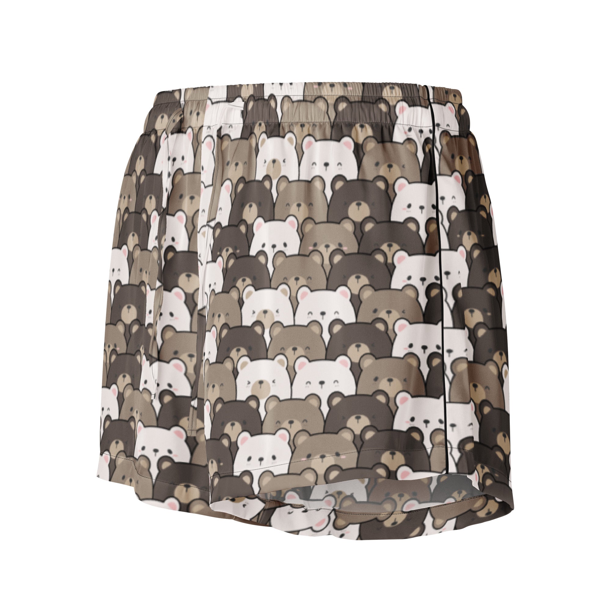 Women’s cute bear face silky pajama shorts with playful pleated mini skirt pattern in brown and white cartoon bears