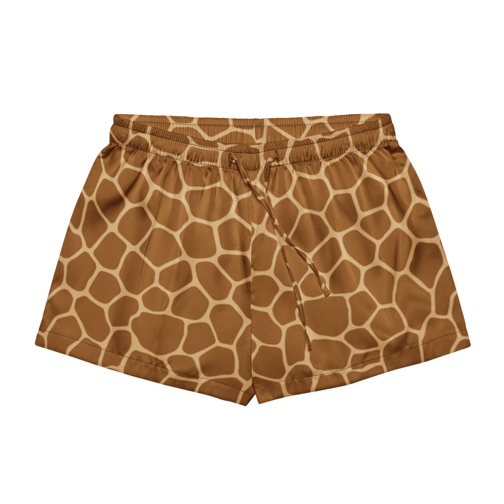 Women’s lightweight silky pajama shorts with brown cream giraffe print elastic waistband and drawstring