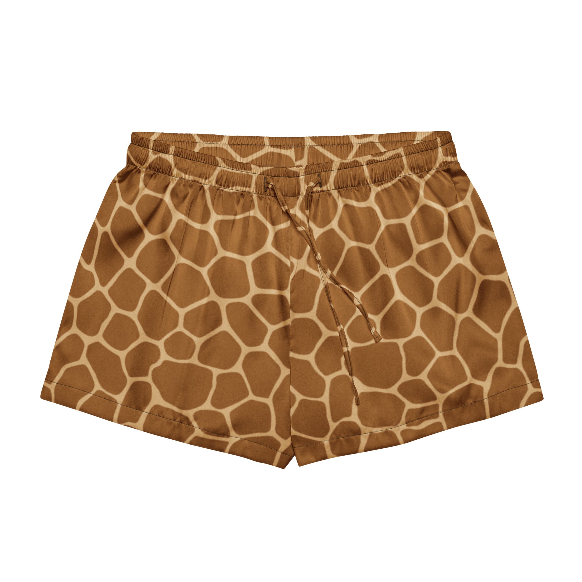 Women’s lightweight silky pajama shorts with brown cream giraffe print elastic waistband and drawstring