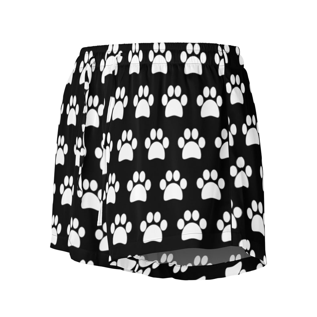 Women’s black silky pajama shorts with a white paw print pattern lightweight relaxed fit with drawstring waist