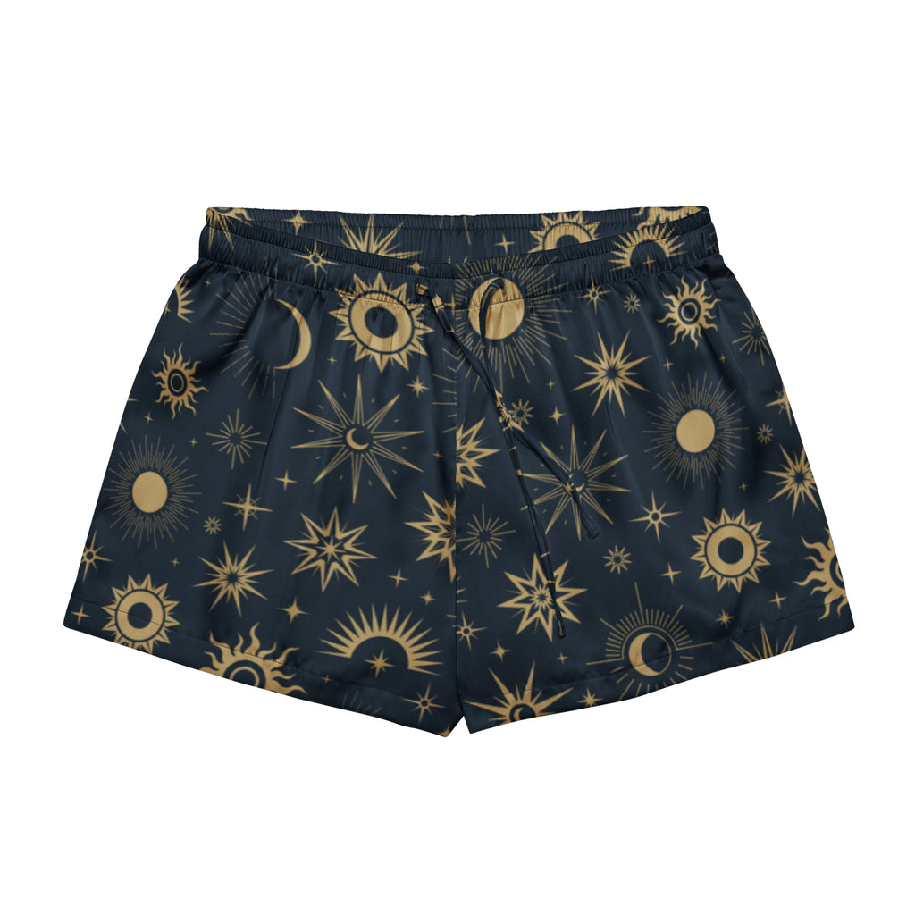 Women’s dark blue silky pajama shorts with vibrant gold sun moon and star celestial pattern and drawstring waist