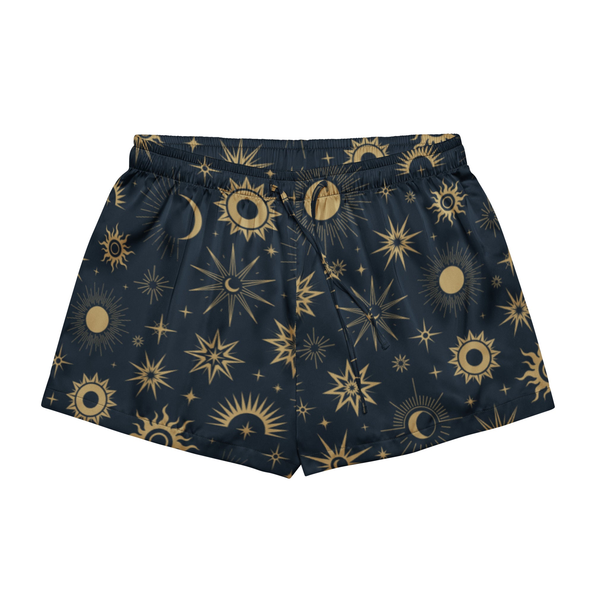 Women’s dark blue silky pajama shorts with vibrant gold sun moon and star celestial pattern and drawstring waist