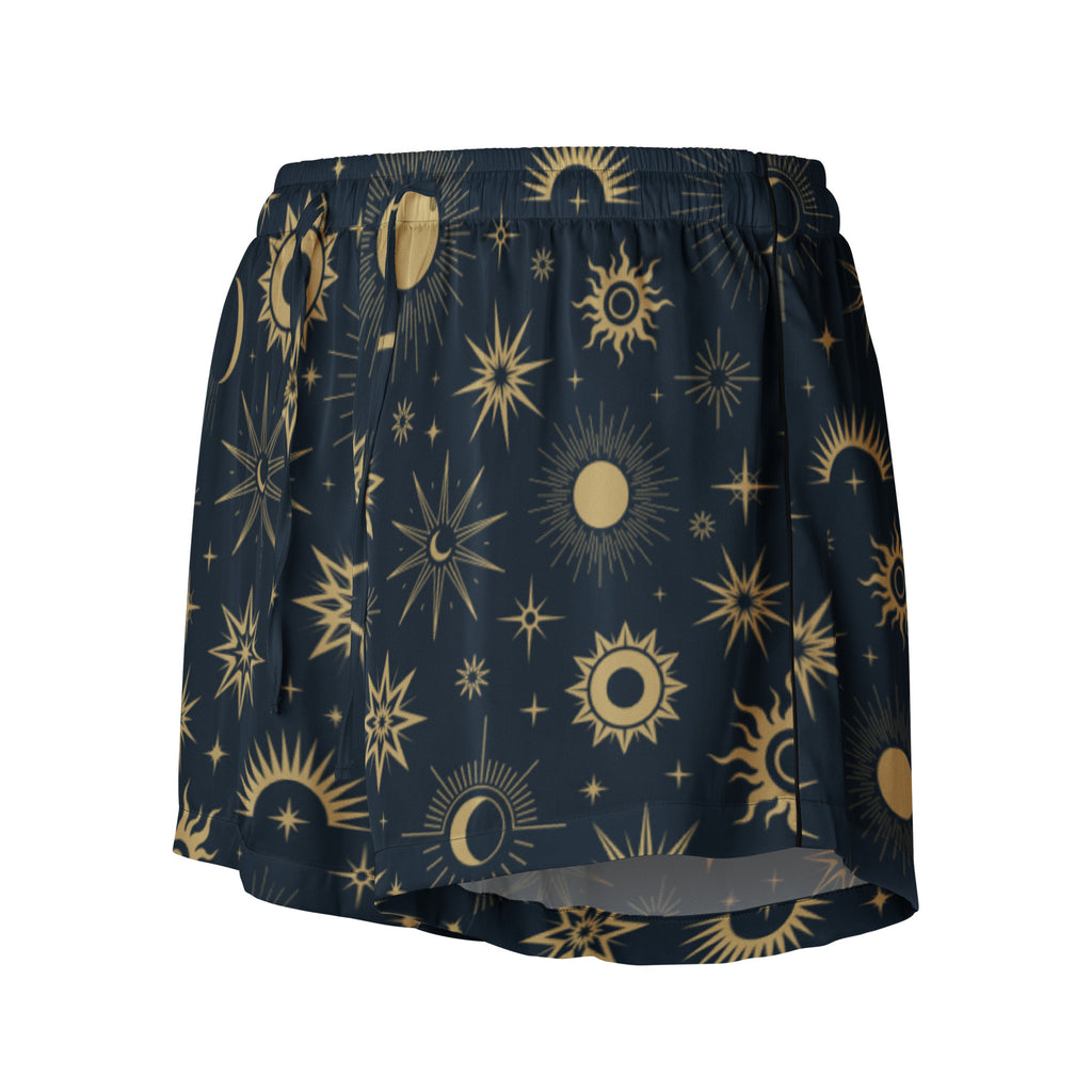 Dark blue silky women’s celestial sun and moon pajama shorts with vibrant gold pattern and drawstring waist