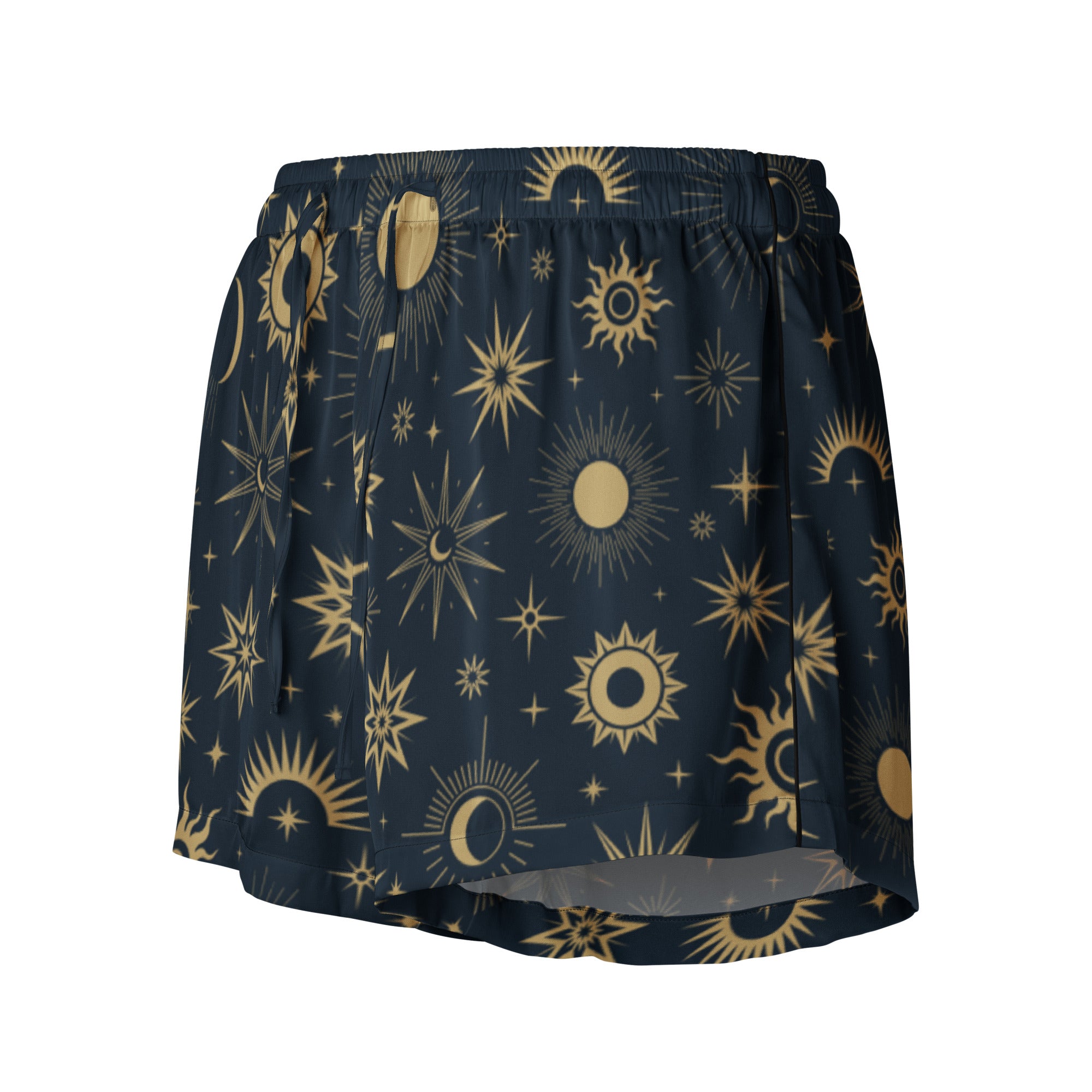 Dark blue silky women’s celestial sun and moon pajama shorts with vibrant gold pattern and drawstring waist