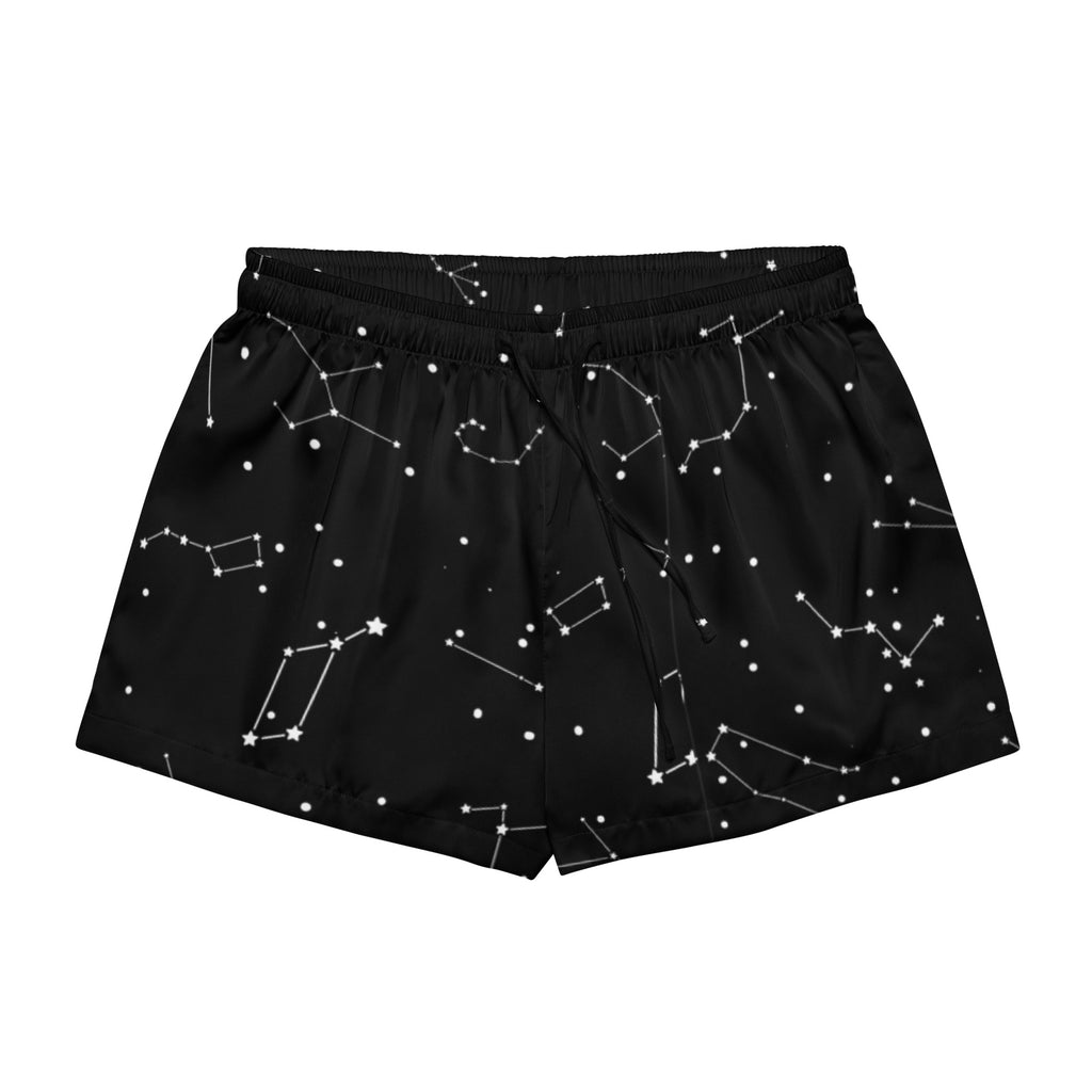 Women’s black silky pajama shorts with white realistic constellation pattern lightweight relaxed fit with drawstring waist