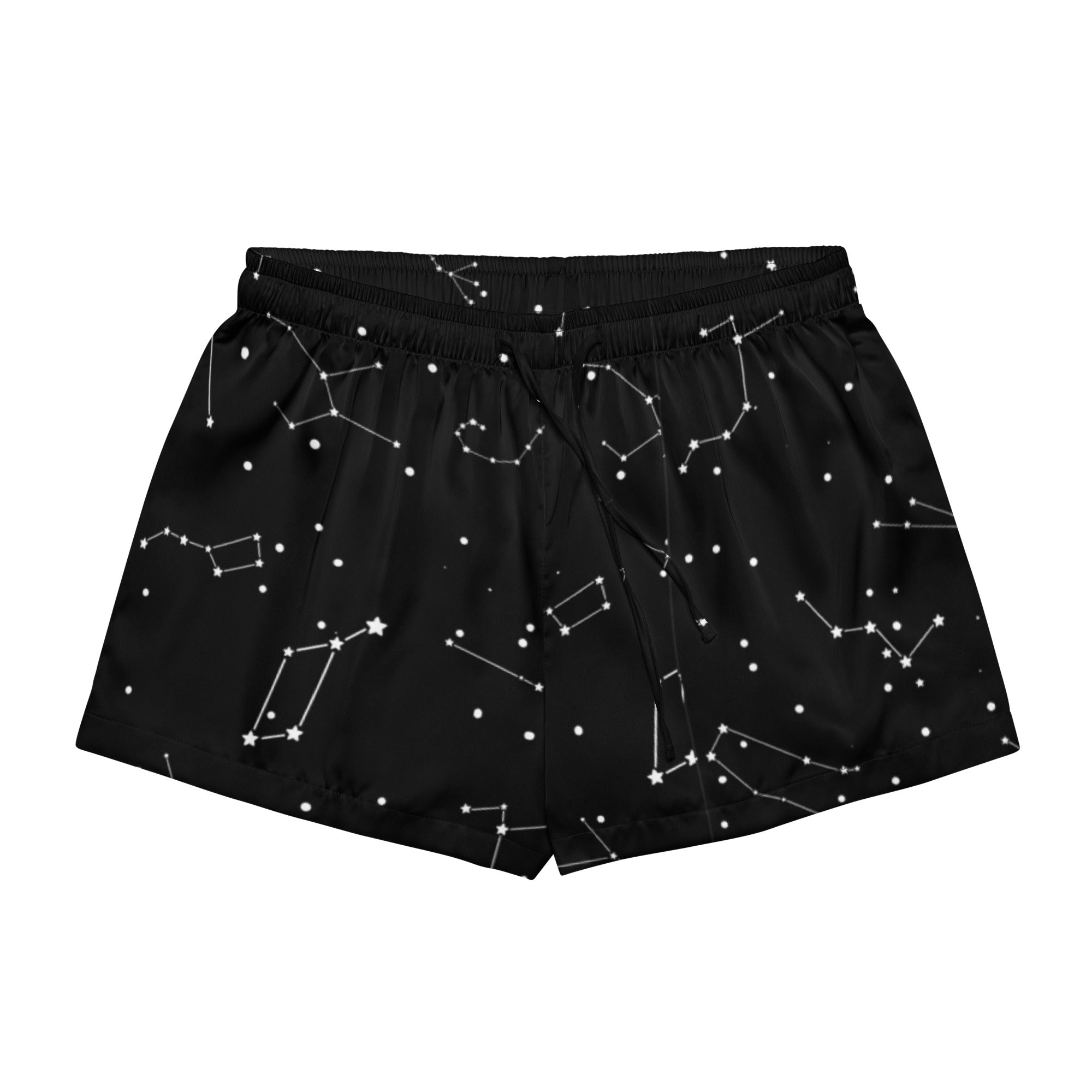 Women’s black silky pajama shorts with white realistic constellation pattern lightweight relaxed fit with drawstring waist