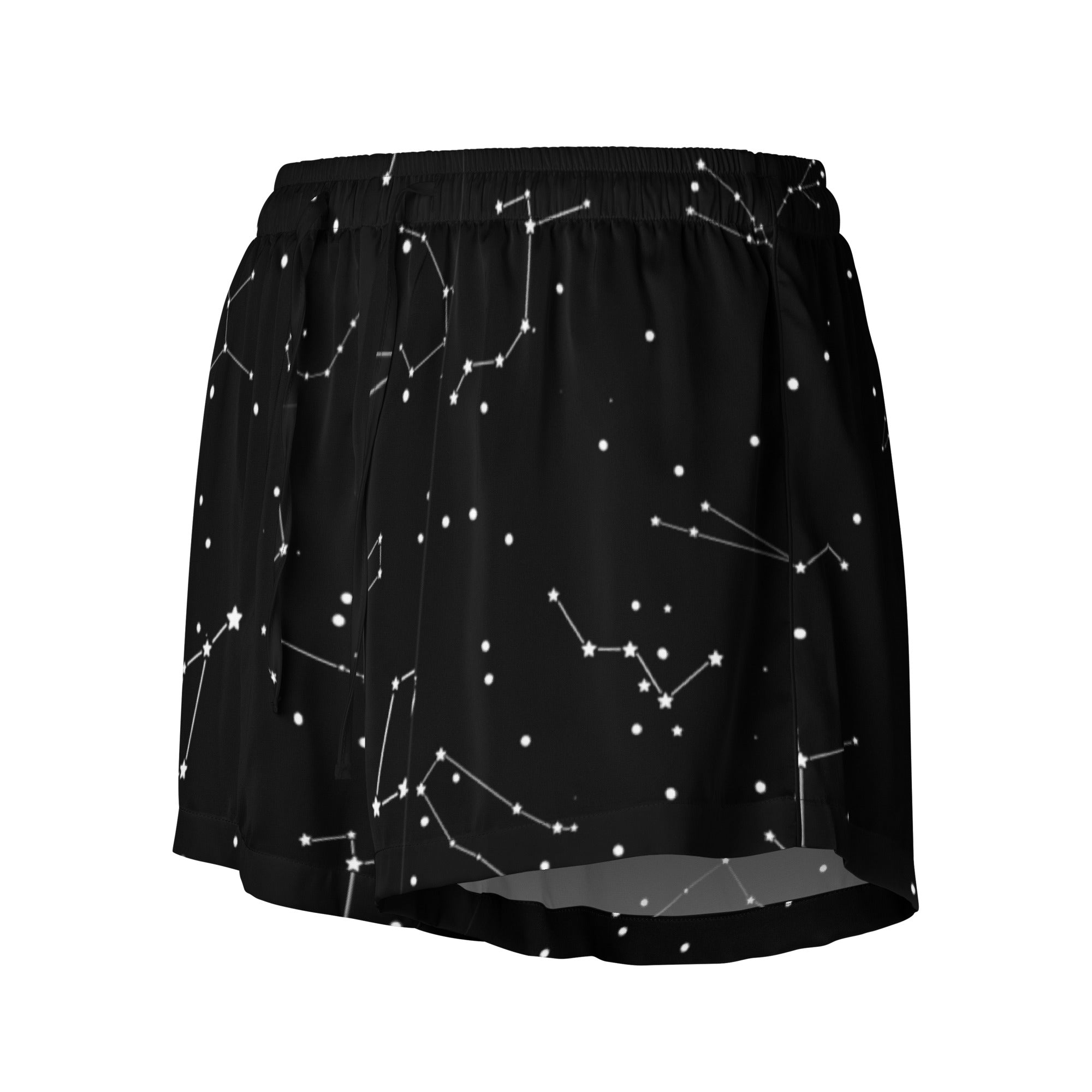 Women’s black silky pajama shorts with white realistic constellation pattern lightweight relaxed fit with drawstring waist