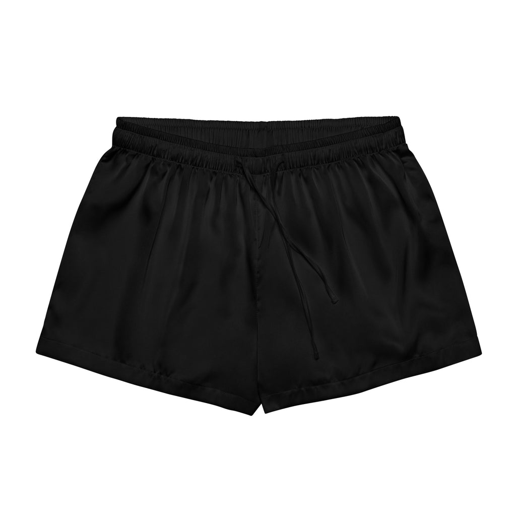 Women’s black silky satin pajama shorts with elastic waistband and drawstring for lightweight relaxed fit lounging