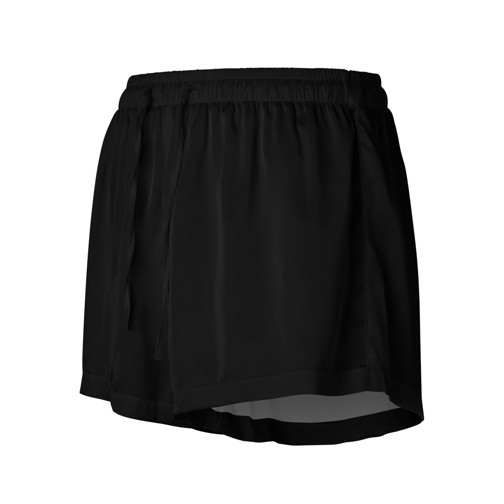 Women’s black silky pajama shorts with lightweight fabric elastic drawstring waist and subtle side slits
