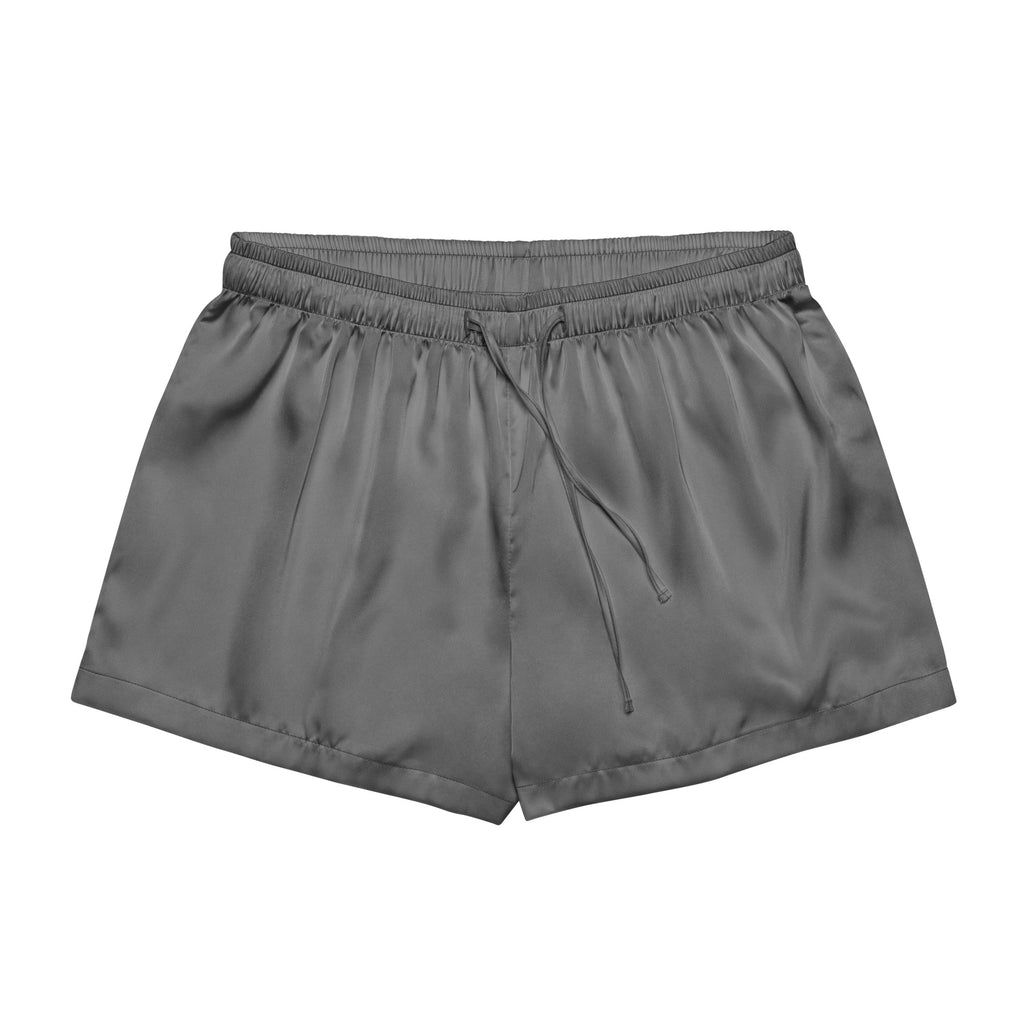 Women’s gray silky pajama shorts made of satin with an elastic waistband and matching drawstring for a relaxed fit