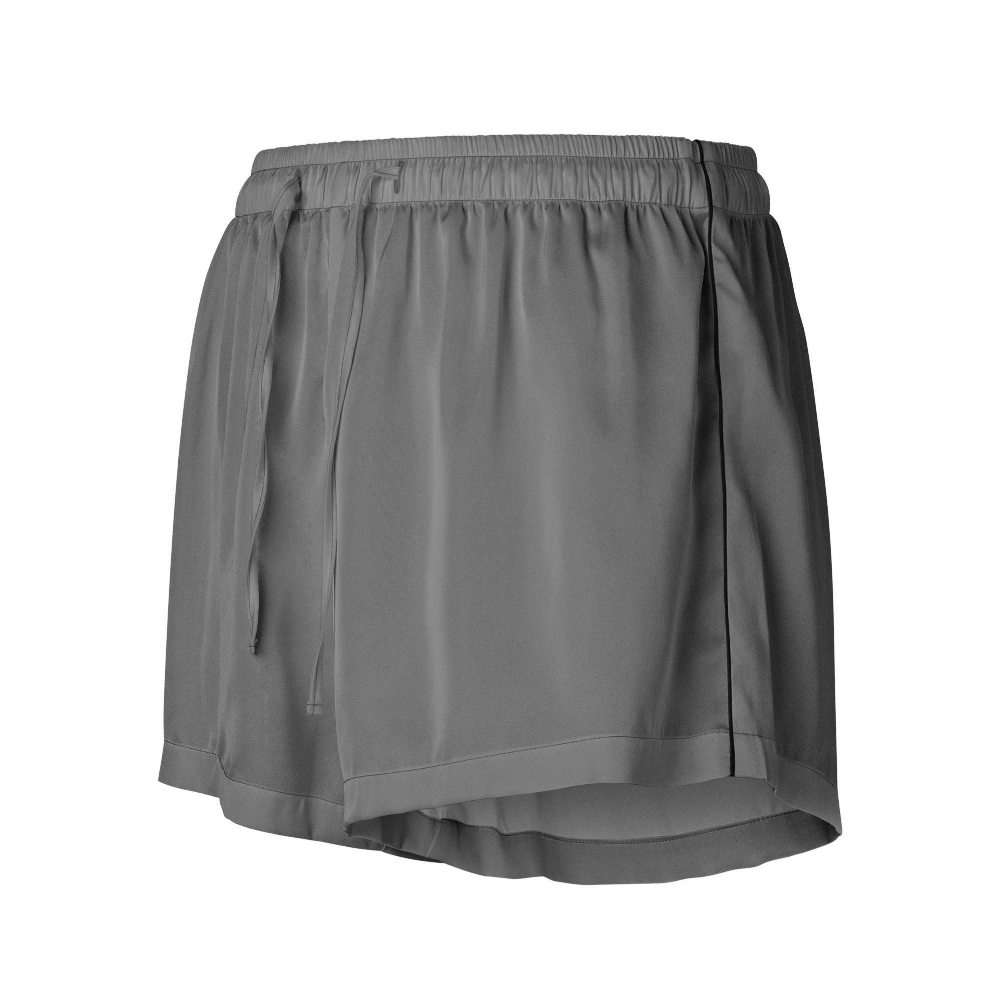 Women’s gray silky pajama shorts with elastic waistband and drawstring made from lightweight smooth fabric