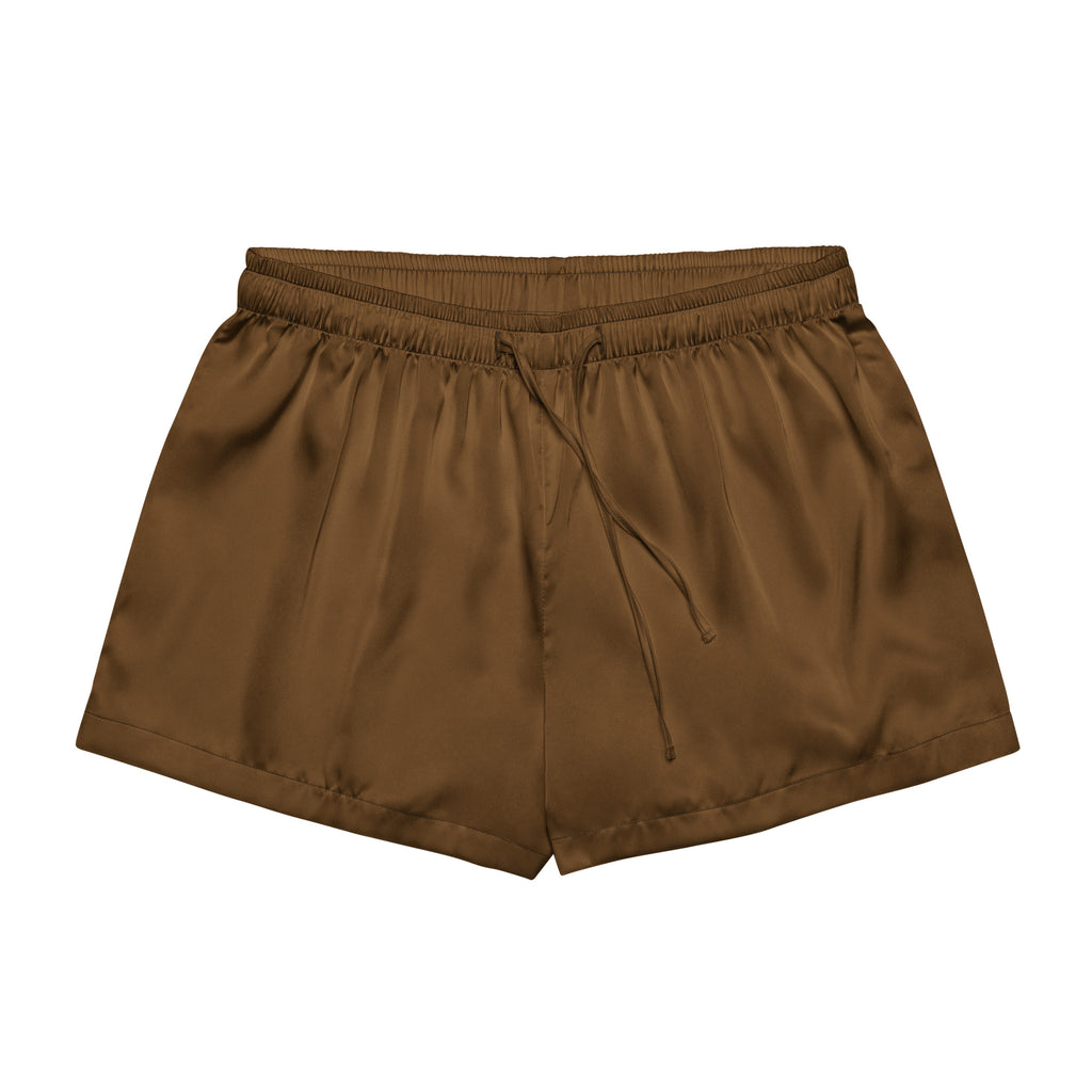 Women brown silky pajama shorts made of lightweight satin with elastic waistband and drawstring for relaxed fit