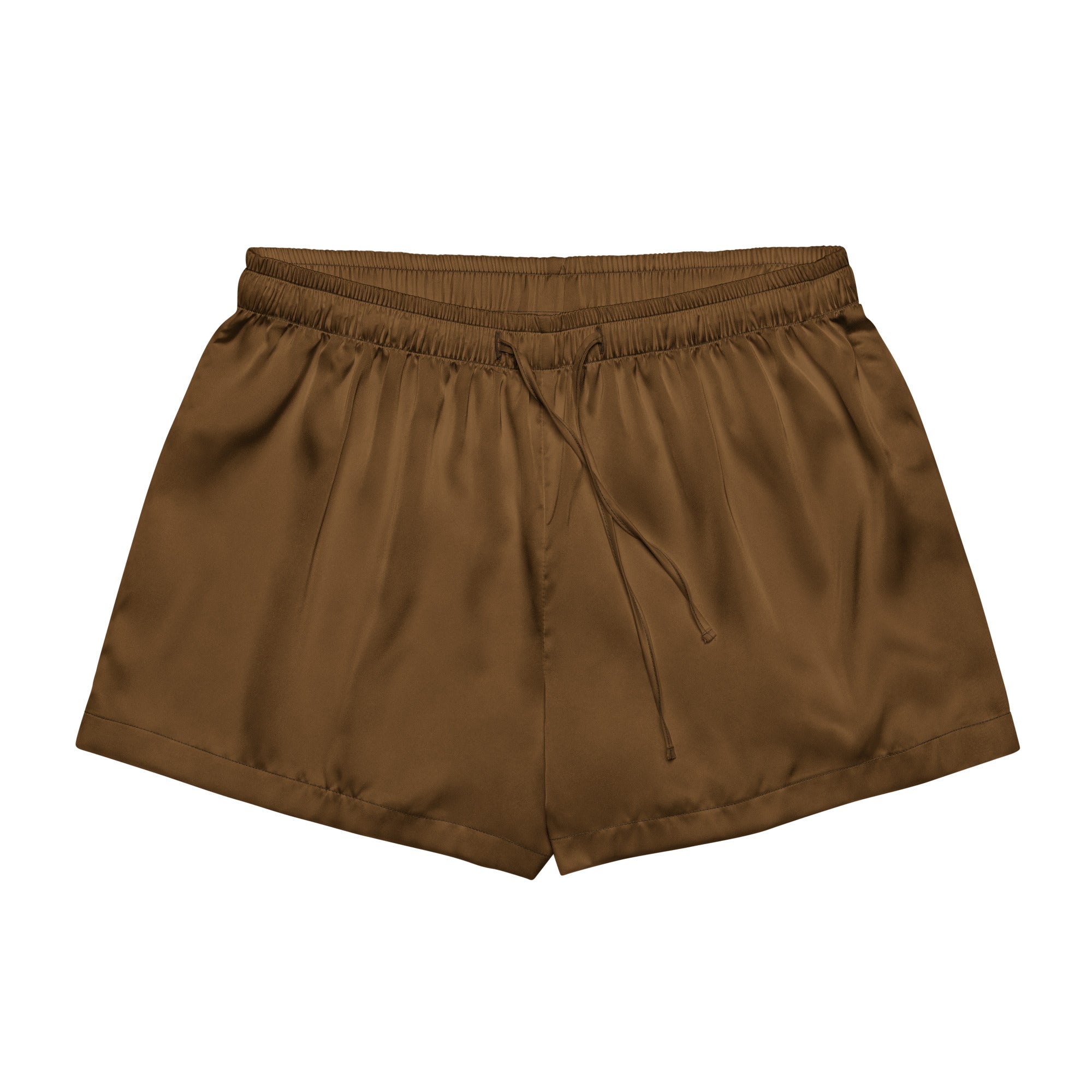 Women brown silky pajama shorts made of lightweight satin with elastic waistband and drawstring for relaxed fit