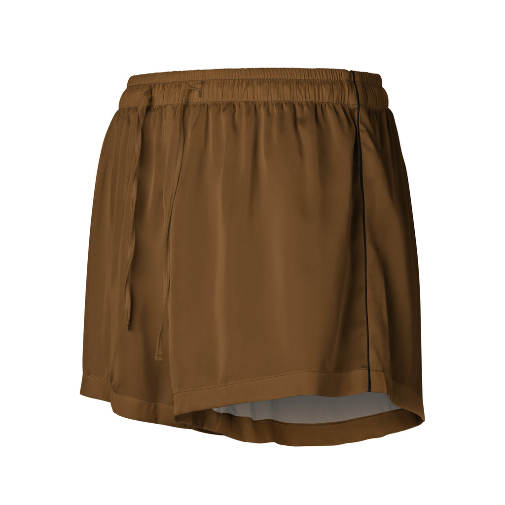Women’s brown silky pajama shorts with elastic waistband and subtle side seam detail for lightweight relaxed fit