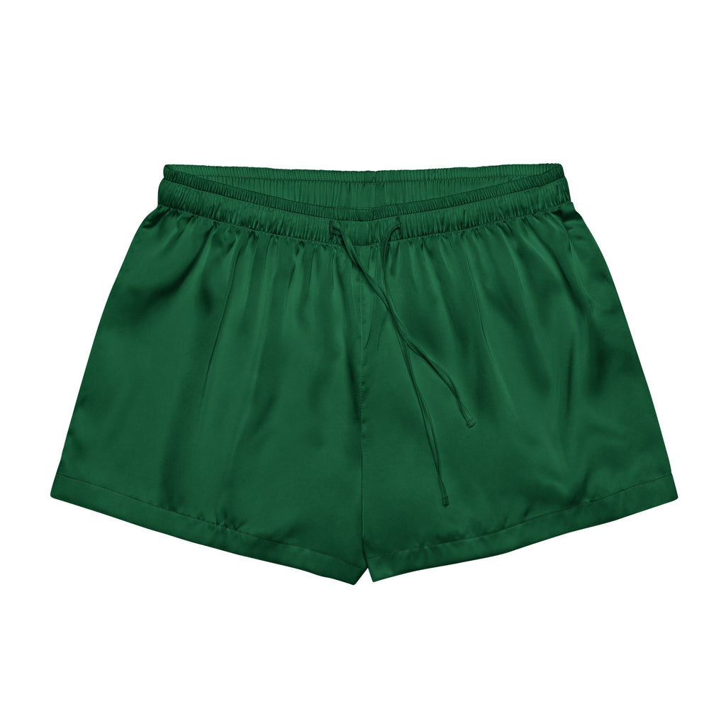 Women’s dark green silky pajama shorts made of deep green satin with elastic waistband and drawstring for relaxed fit