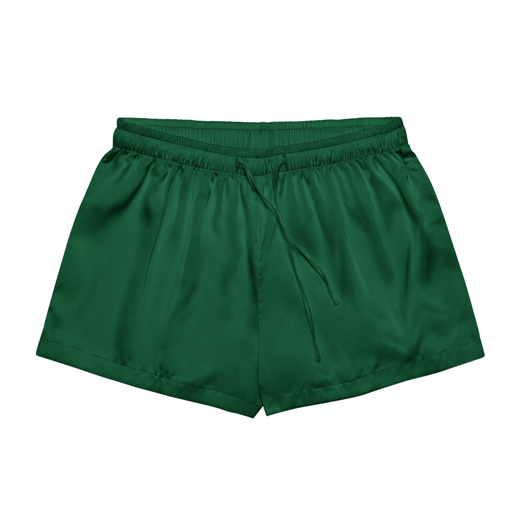 Women’s dark green silky pajama shorts made of deep green satin with elastic waistband and drawstring for relaxed fit